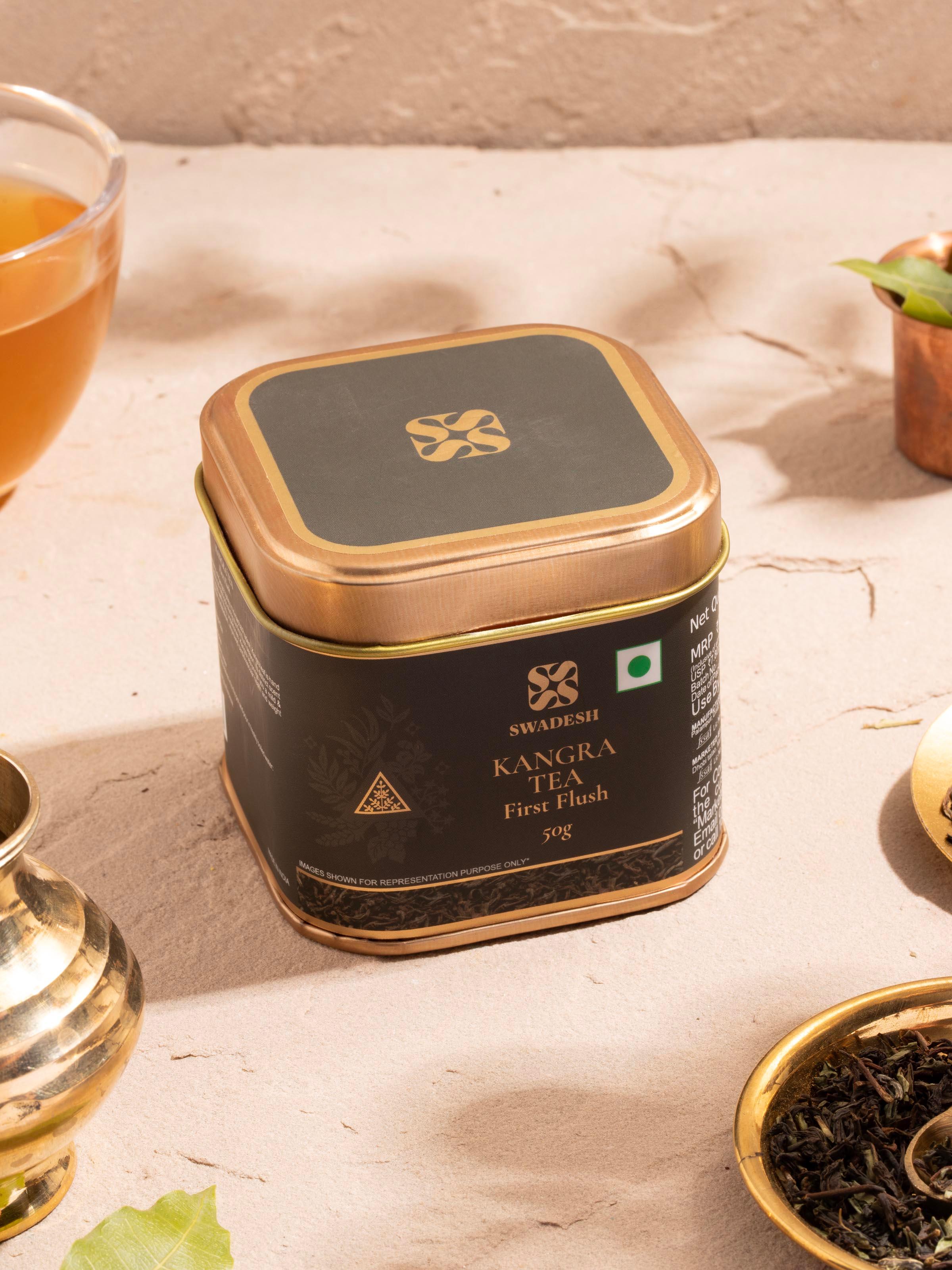 Side view of Immunity-enhancing Kangra Tea First Flush highlighting its fresh, aromatic tea leaves