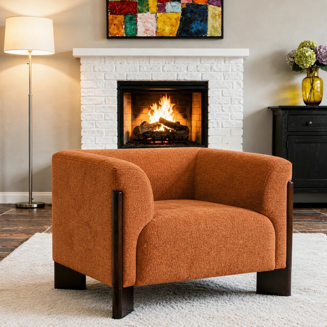 Octavia Boucle Fabric Lounge Chair in Orange - KURSIWALLAH