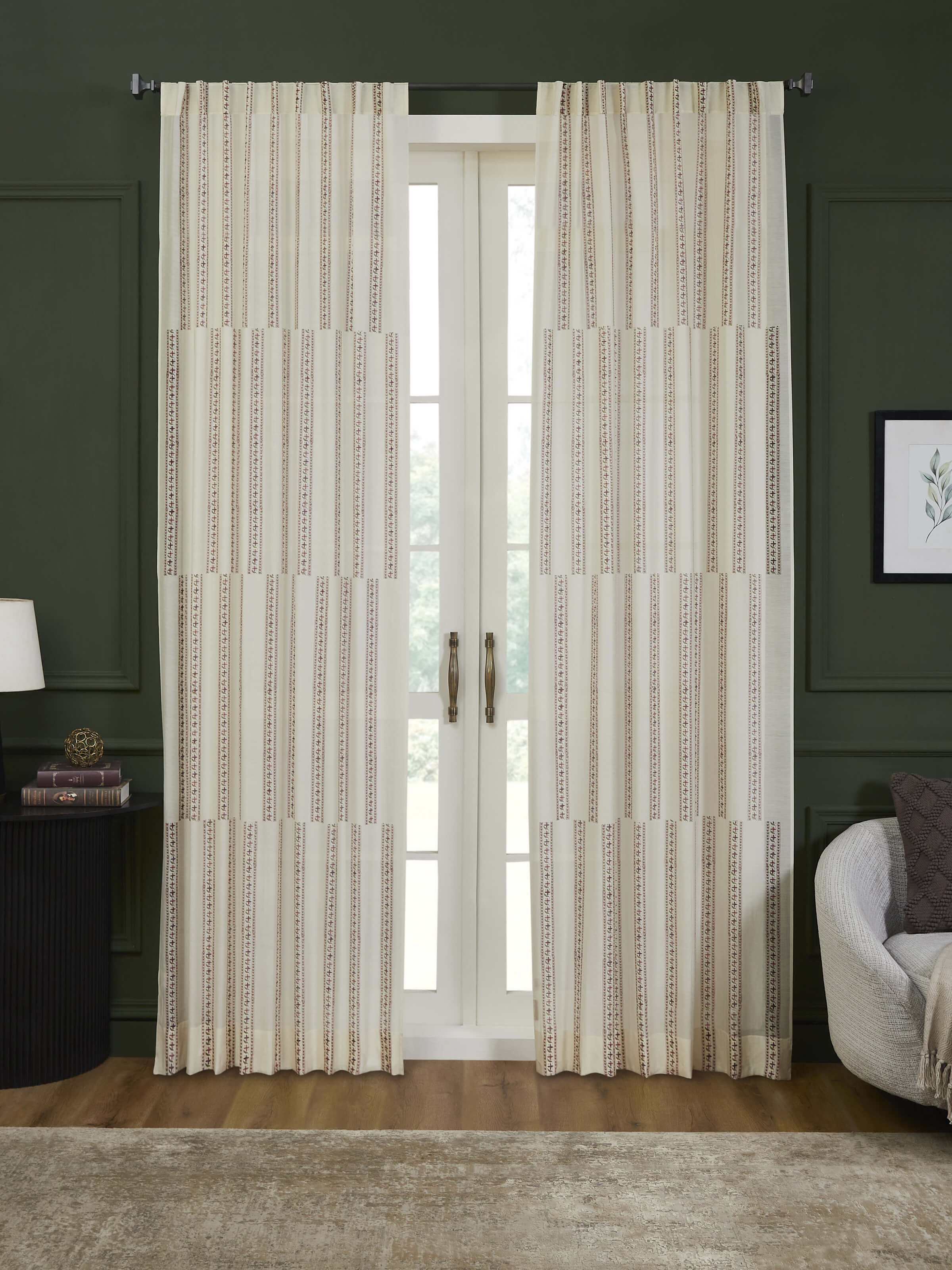 Aarunya Red Stripe Cotton Silk Sanganeri Hand Block Printed Sheer Curtain (9 Ft)