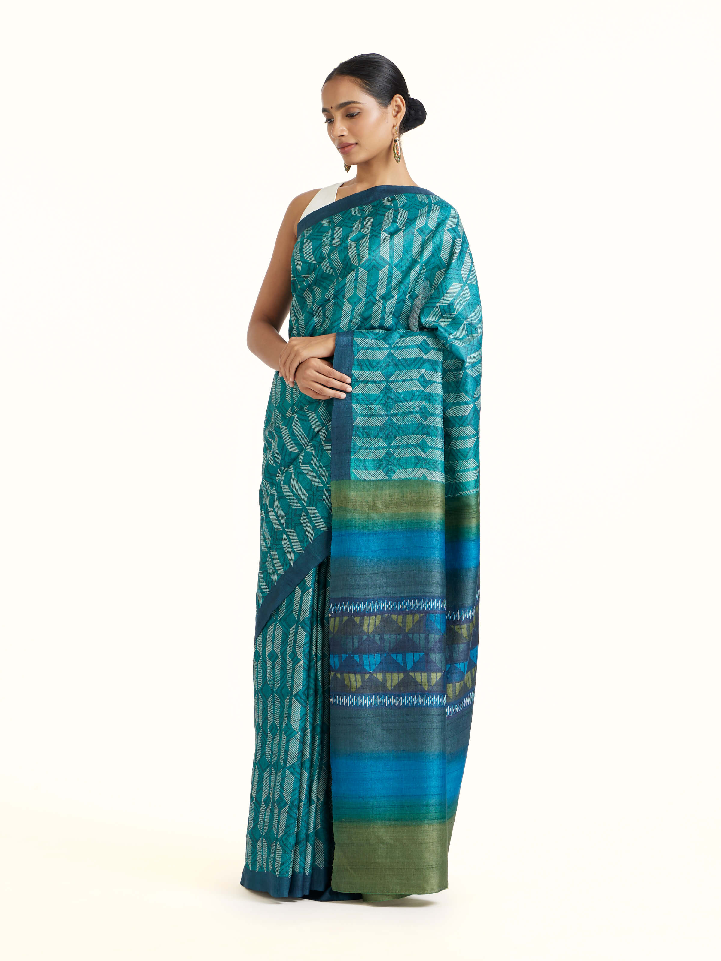 Sea Green Tussar Silk Discharge Block Printed Saree