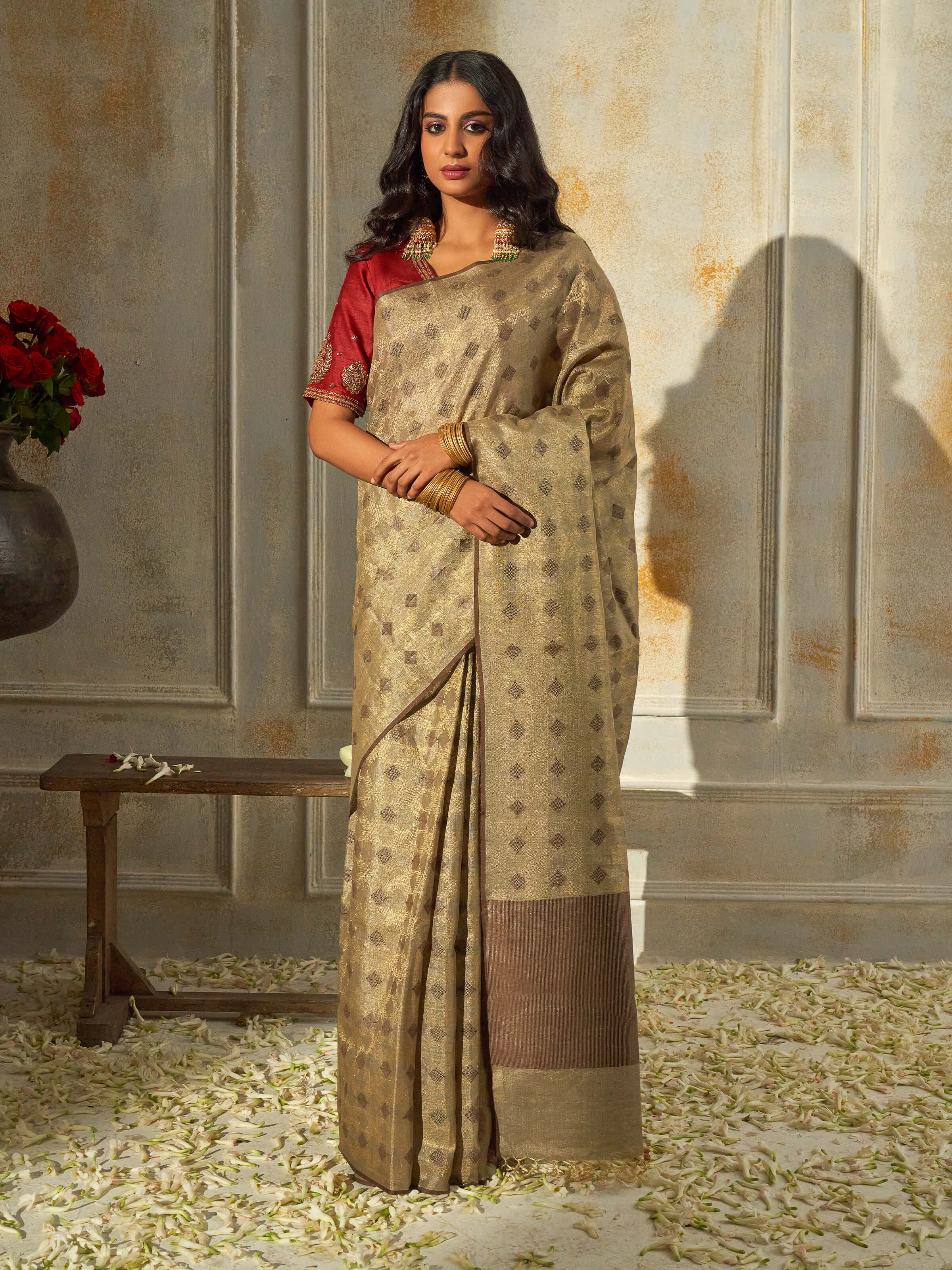 Beige Tussar Silk Saree