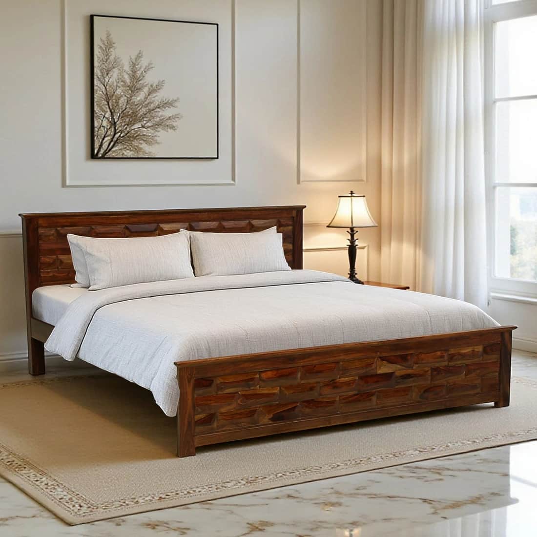 Kairova Non Storage Solid Wood Bed King Size in Provincial Teak Finish - Demiwall