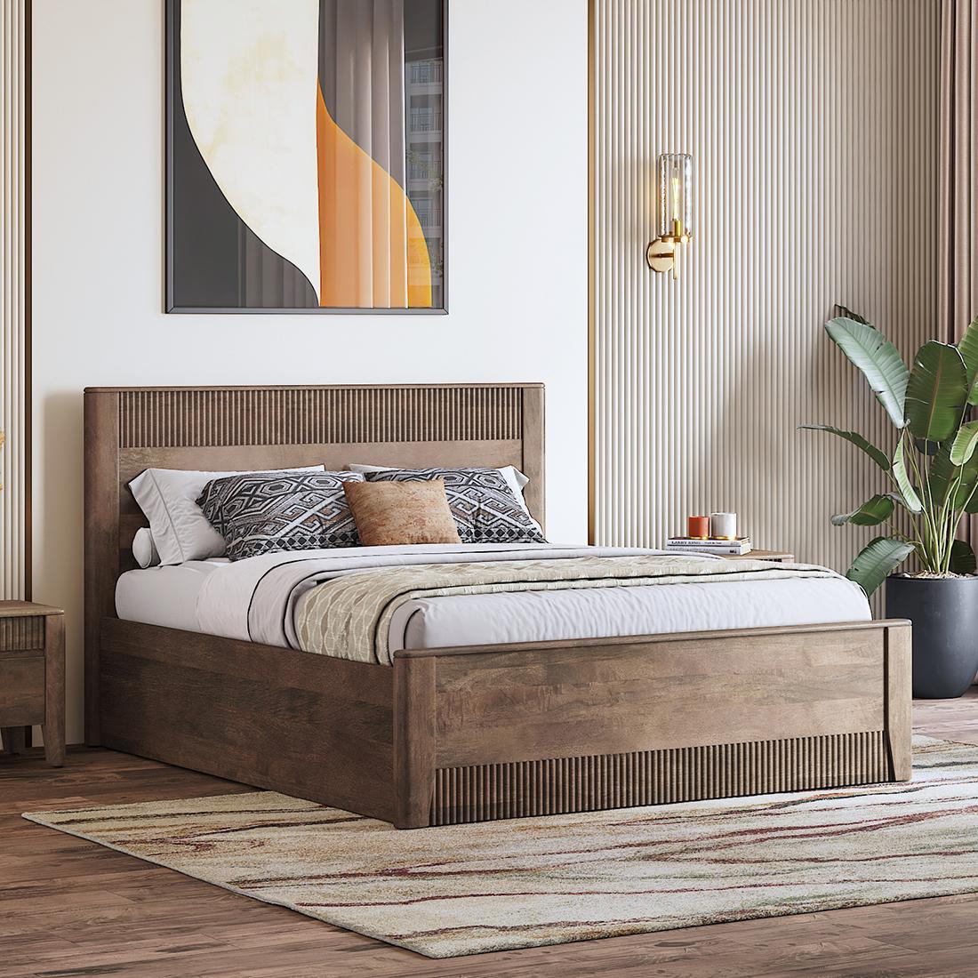 Toledo Solid Wood King Size Hydraulic Storage Bed In Danish Walnut Finish