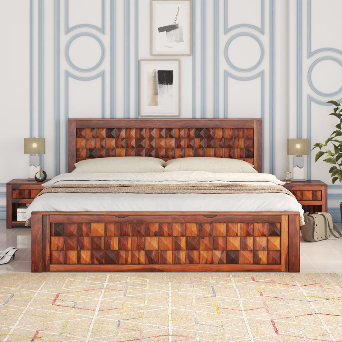 Keaton Solid Wood King Size Drawer And Box Storage Bed In Brown Finish