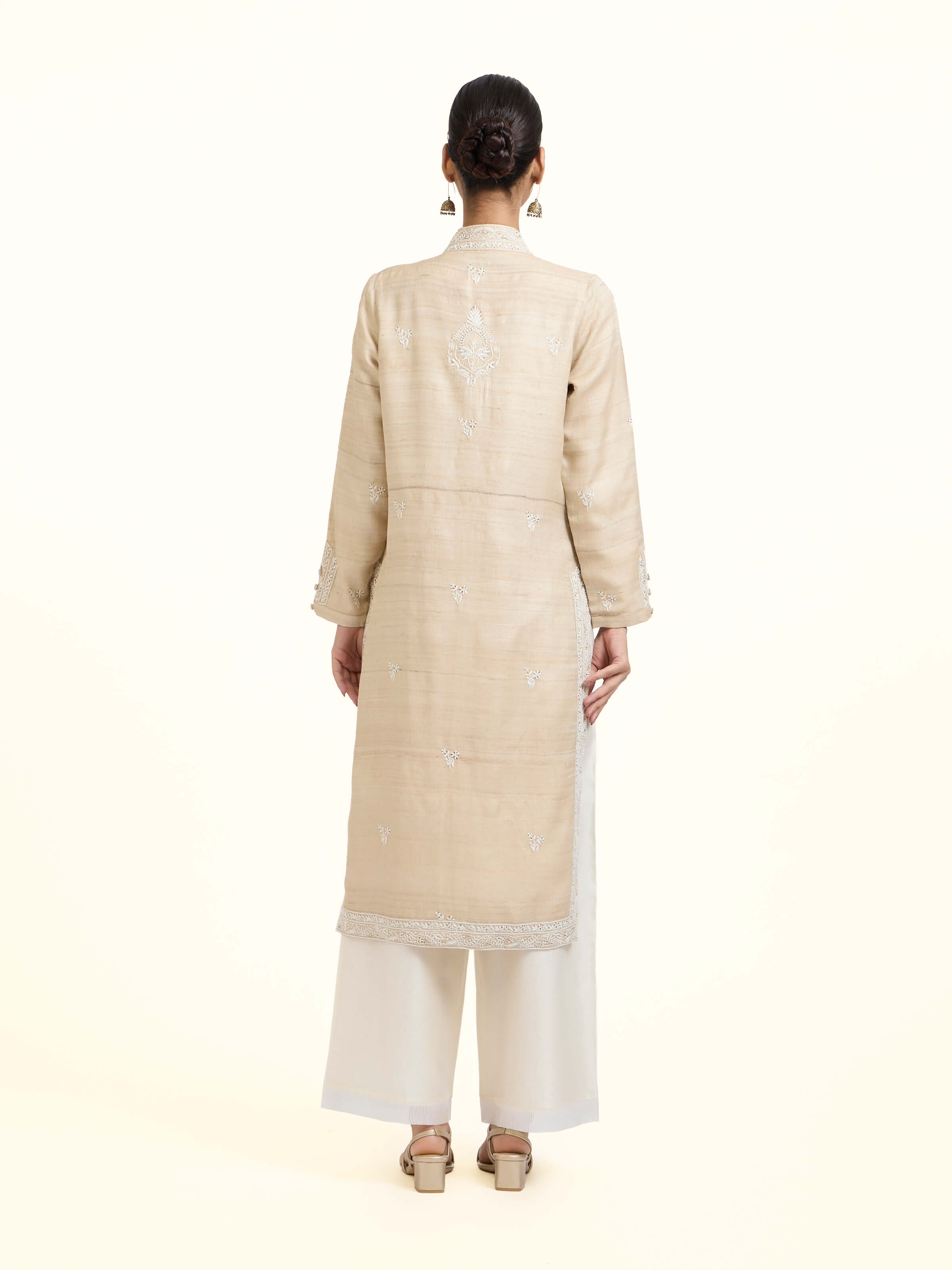 Beige Tussar Silk Chikankari Jacket Style Kurta