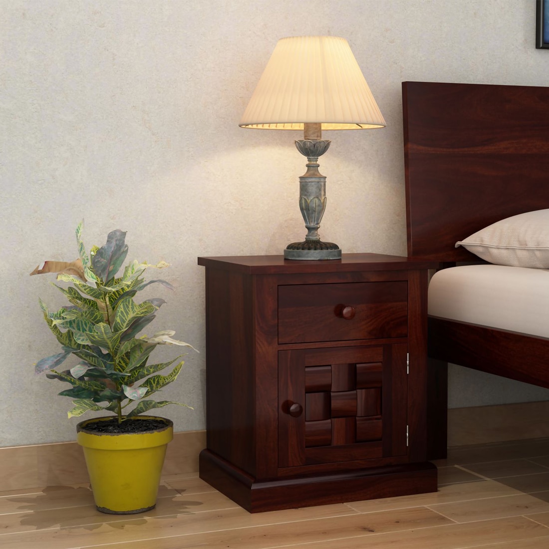 Woodway Solid Wood Bedside Table in Teak Finish