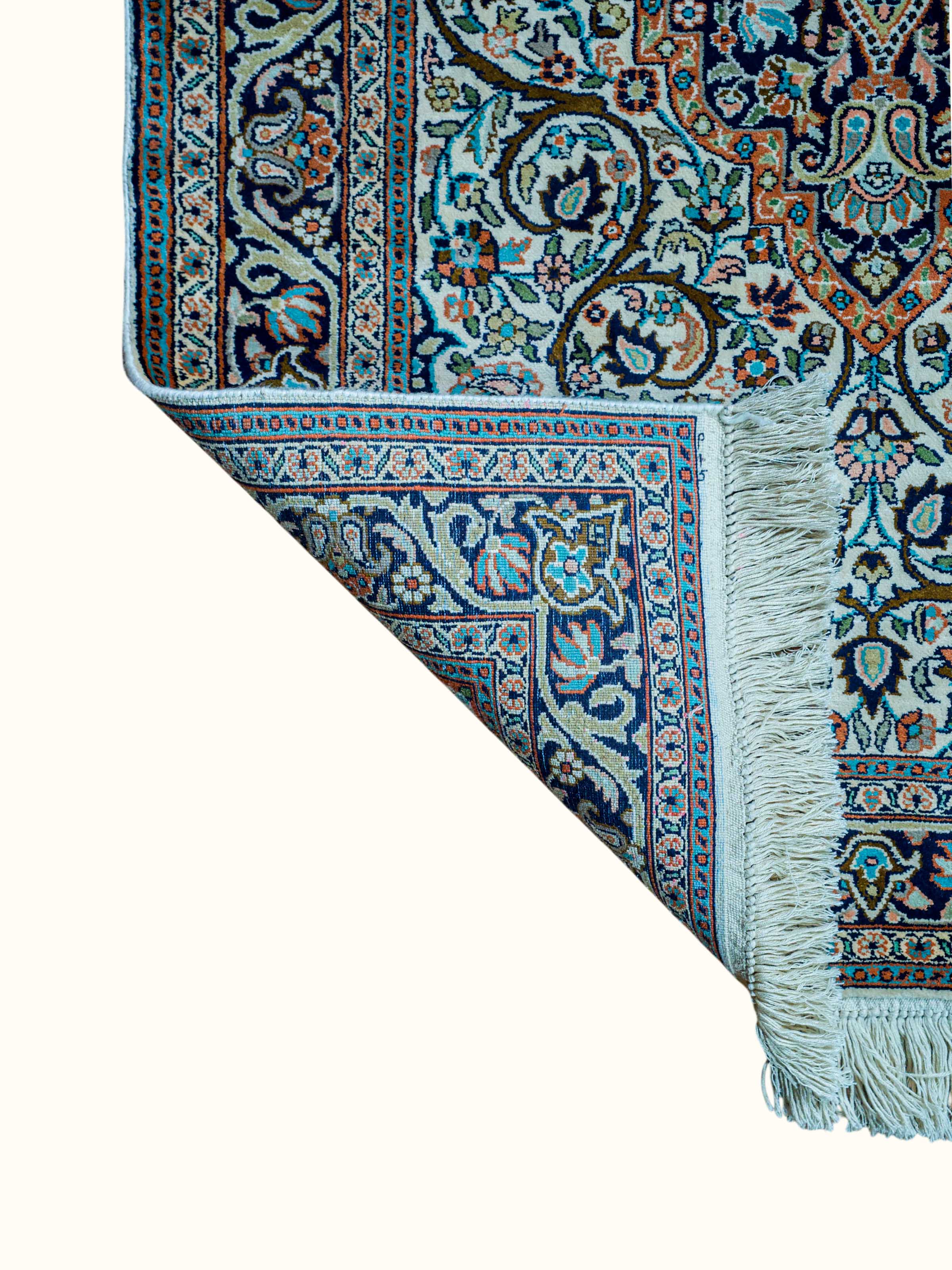 Traditional Persian Ivory Rust Tabriz Kashmir Silk Hand-Knotted Carpet