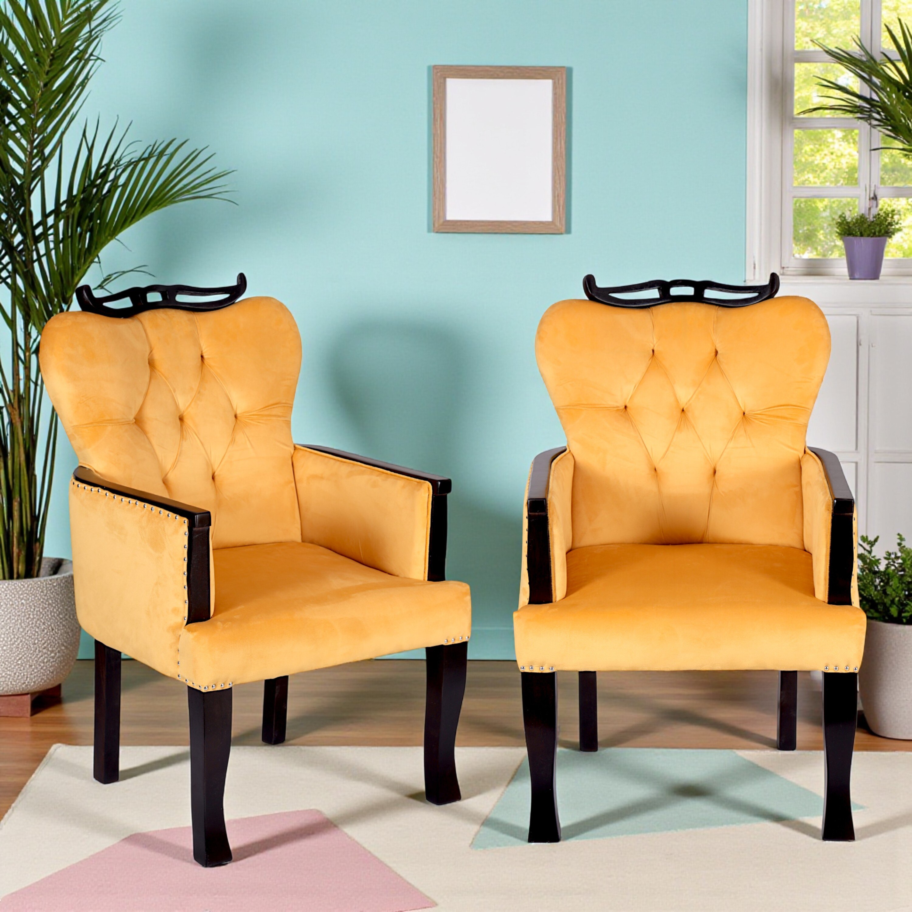Arista Sheesham Wood Set Of 2 Lounge Chair In Yellow Velvet Upholstery