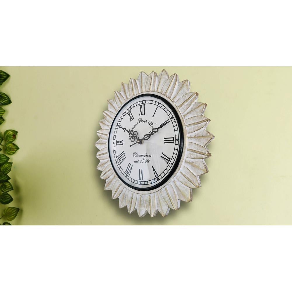 Epsilon White Colour Engineered Wood Distress Finish Sun Flower wall Clock by Disoo Fashions