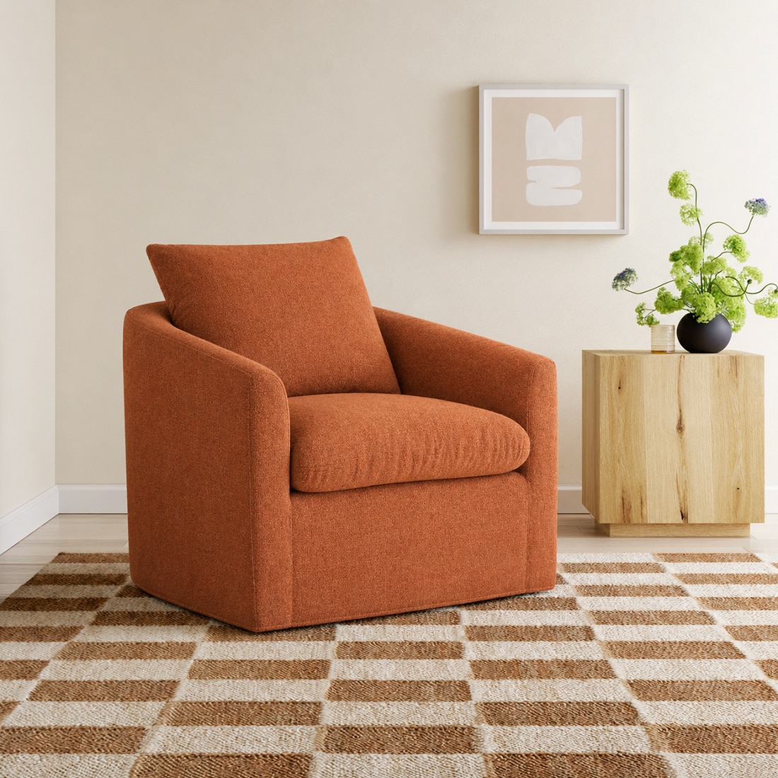 Oxford Boucle Fabric Lounge Chair in Orange Colour - KURSIWALLAH