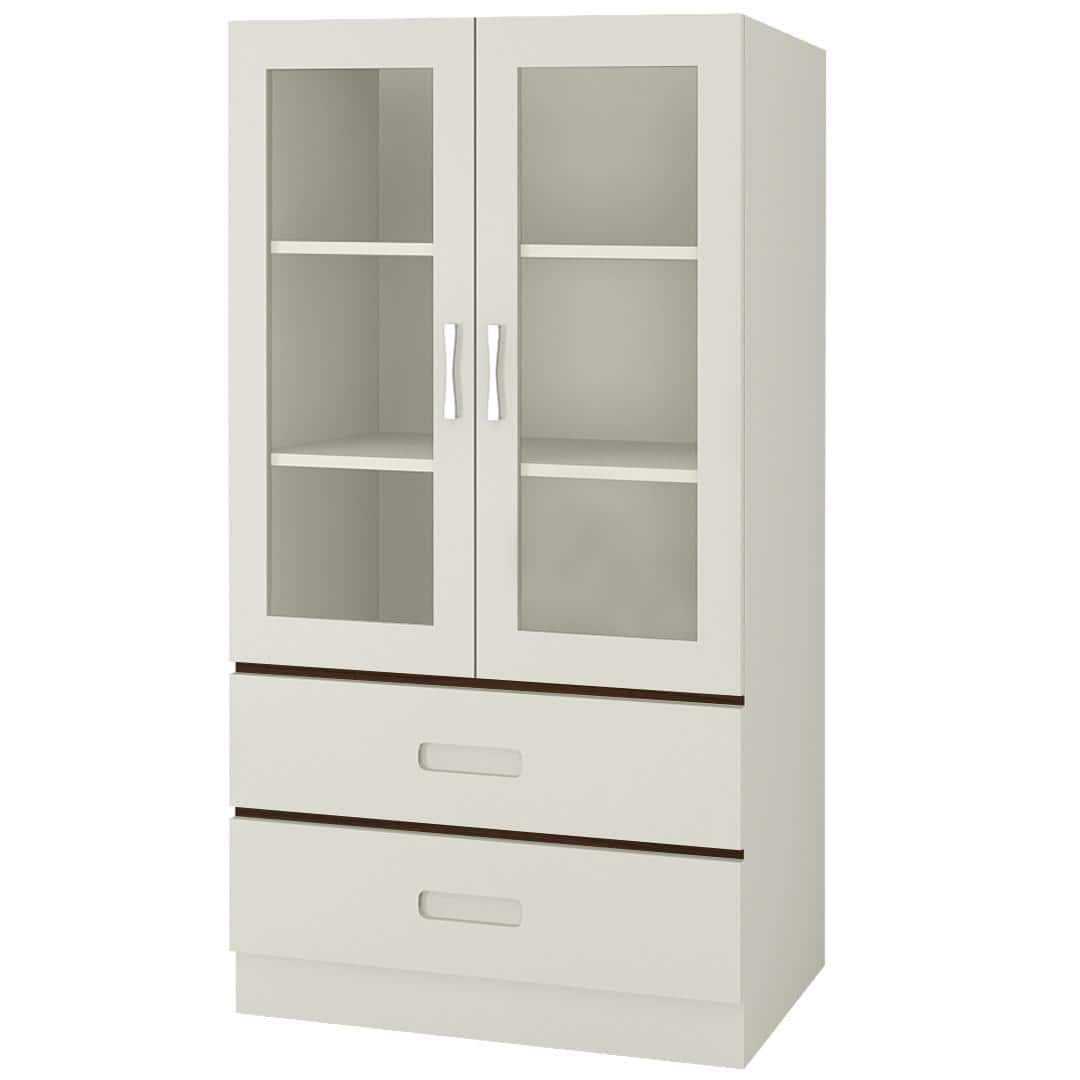 Paloma Large Crockery cum Bookshelf Cabinet with Toughened Glass Shutters and Drawers in Ivory Coffee Walnut Colour