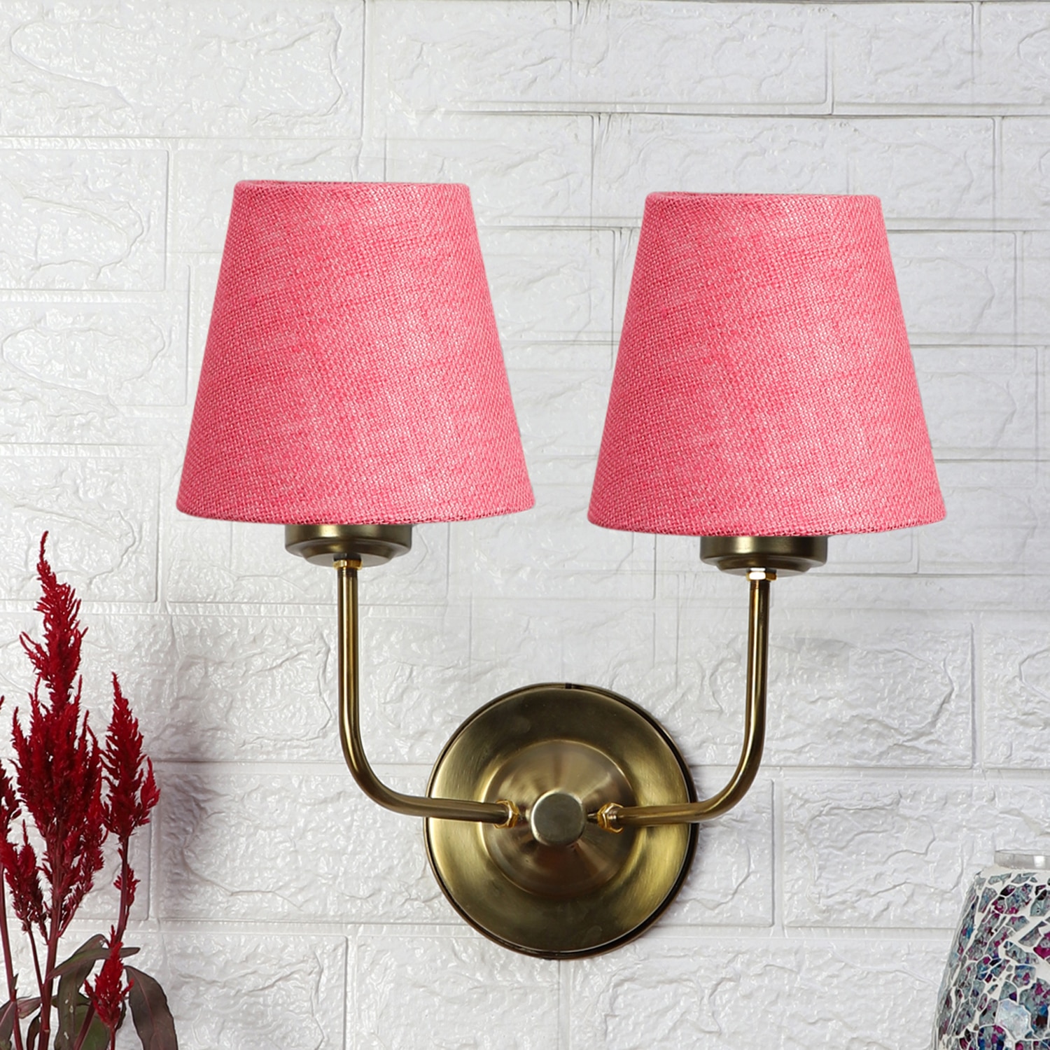 Devansh Metal Electric Wall Light in Gold Colour with Pink Shade Count of 2 Lights - Devansh