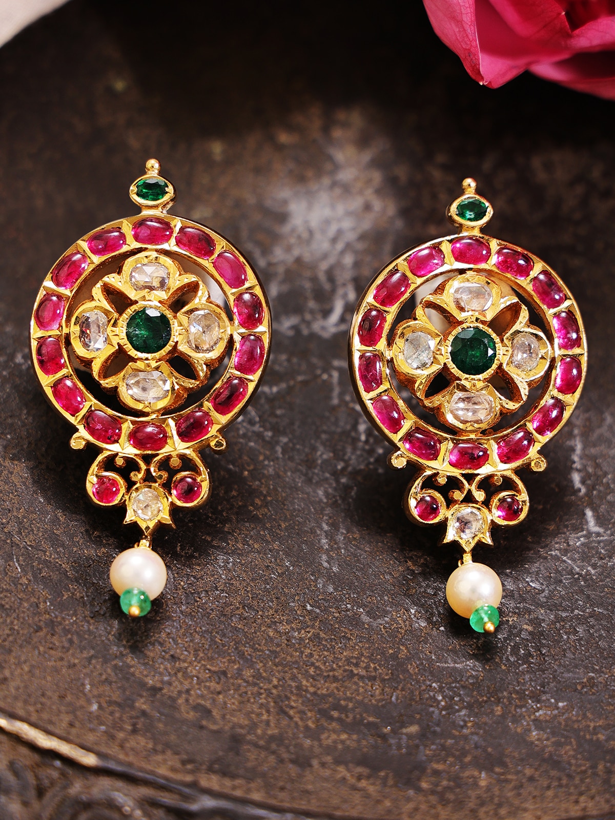 Close-up view of Kundala Velai 22 Karat Gold Drop Earrings emphasizing the fine gold detailing and luxurious design.