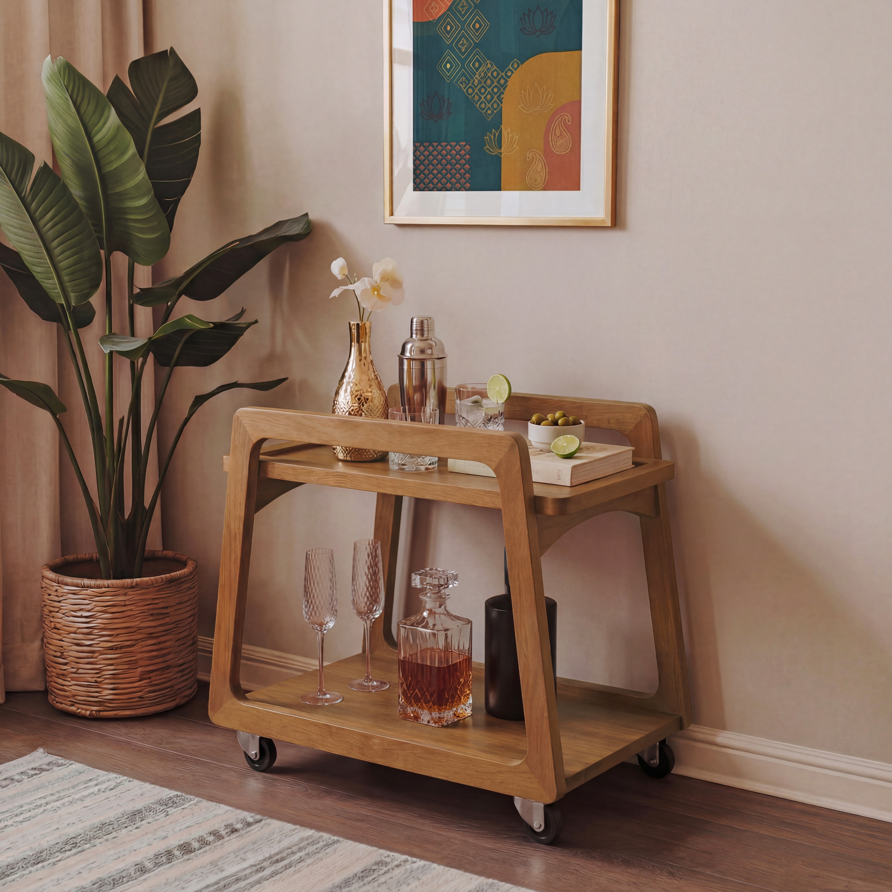 Clara Solid Wood Bar Trolley (Amber Walnut Finish)