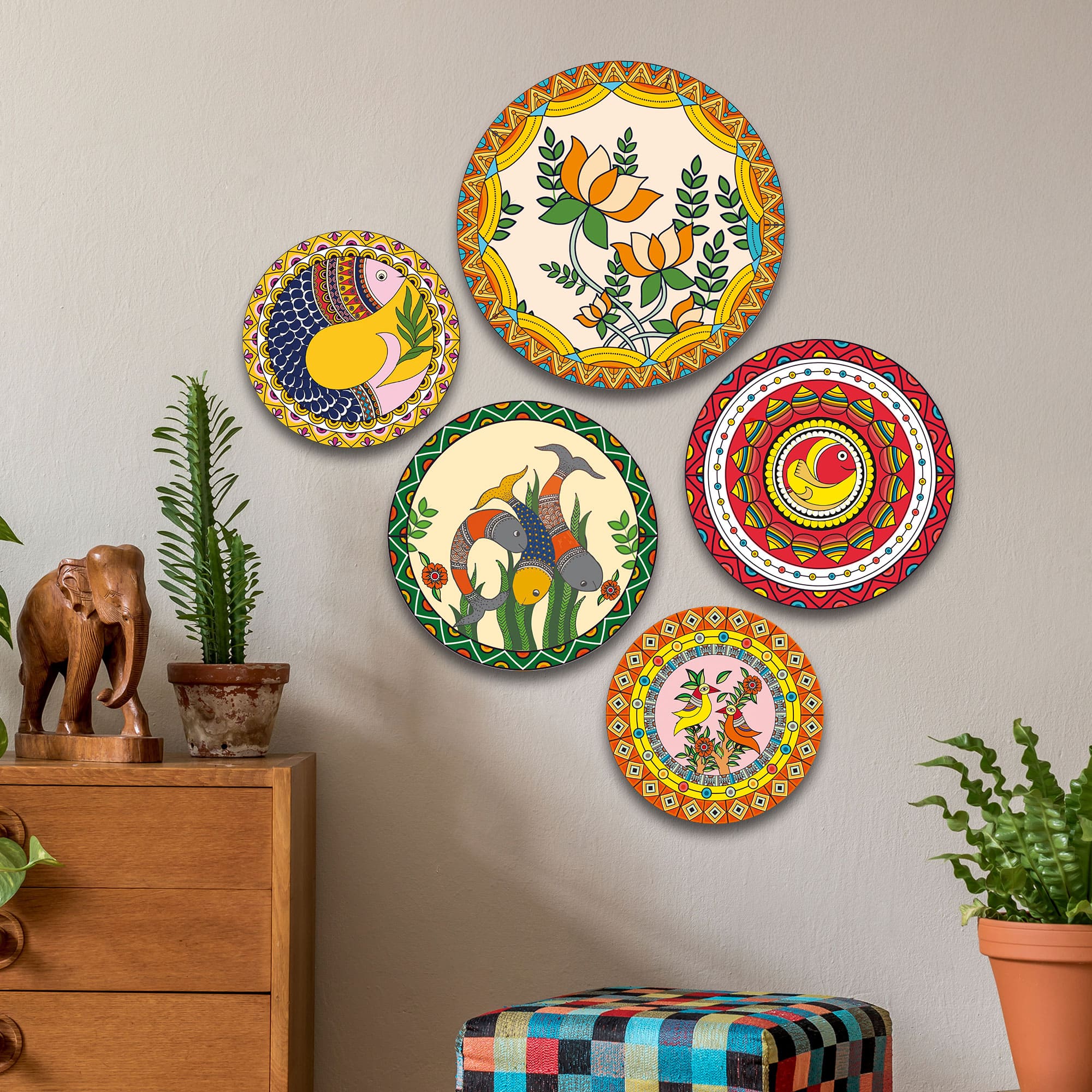 The Castle Decor Madhubani Wall Plates Set of 5 Traditional Indian Folk Art (Style 1) - The Castle Decor