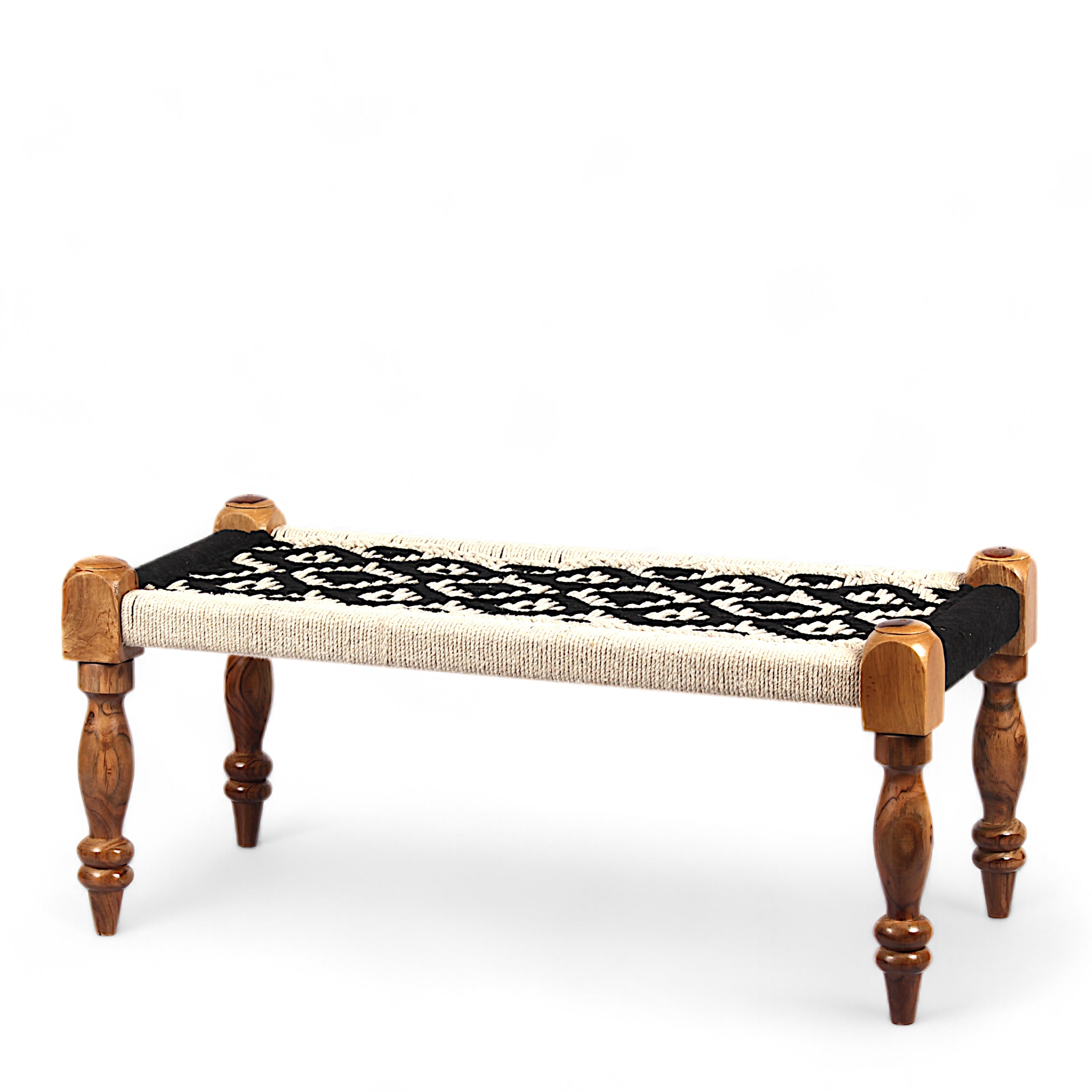 Oakville Sheesham Wood 2 Seater Maachi Bench In Black & White Rope Canning