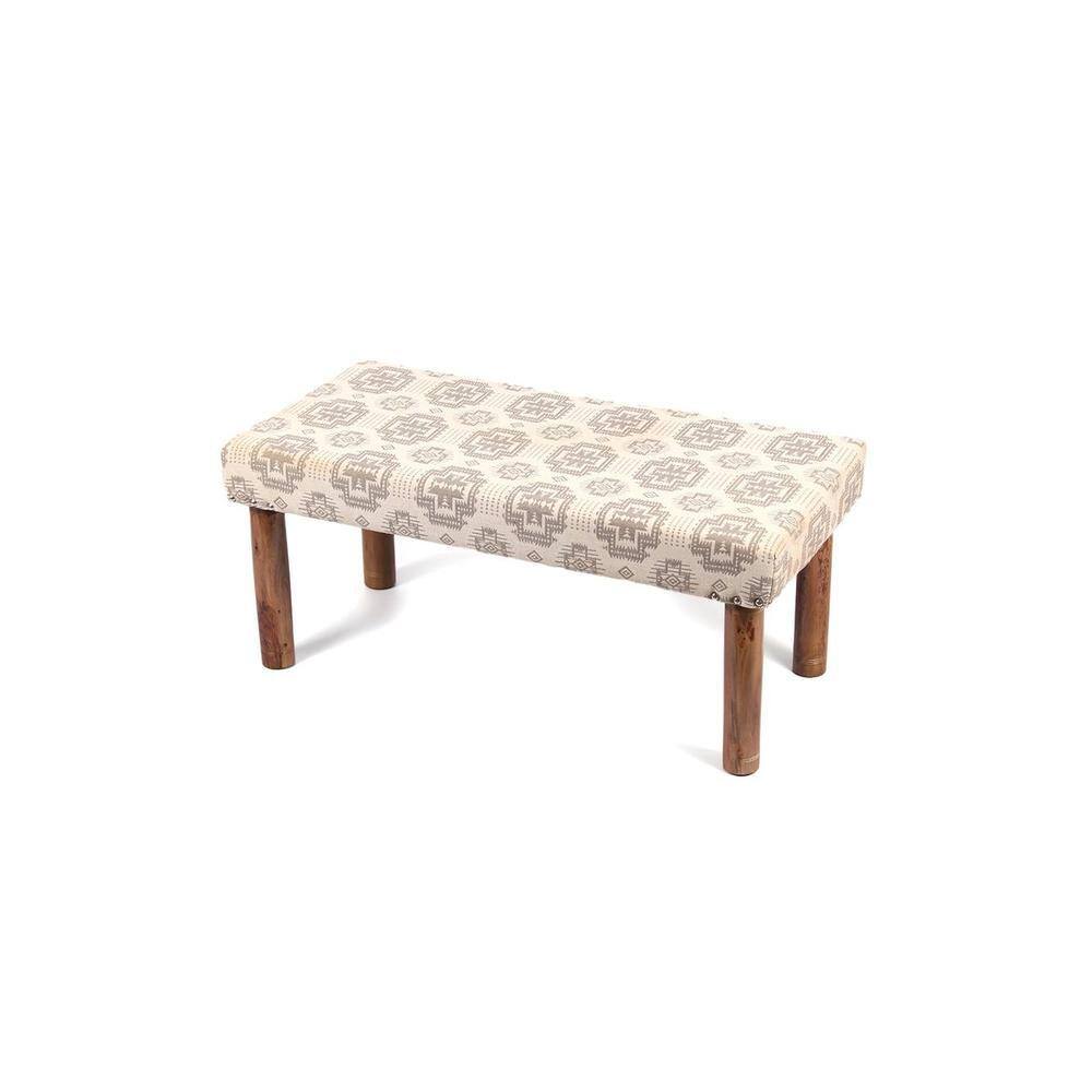 Camilla Solid Wood 2 Seater Bench In Grey Traditional Motif Design Jackard Fabric