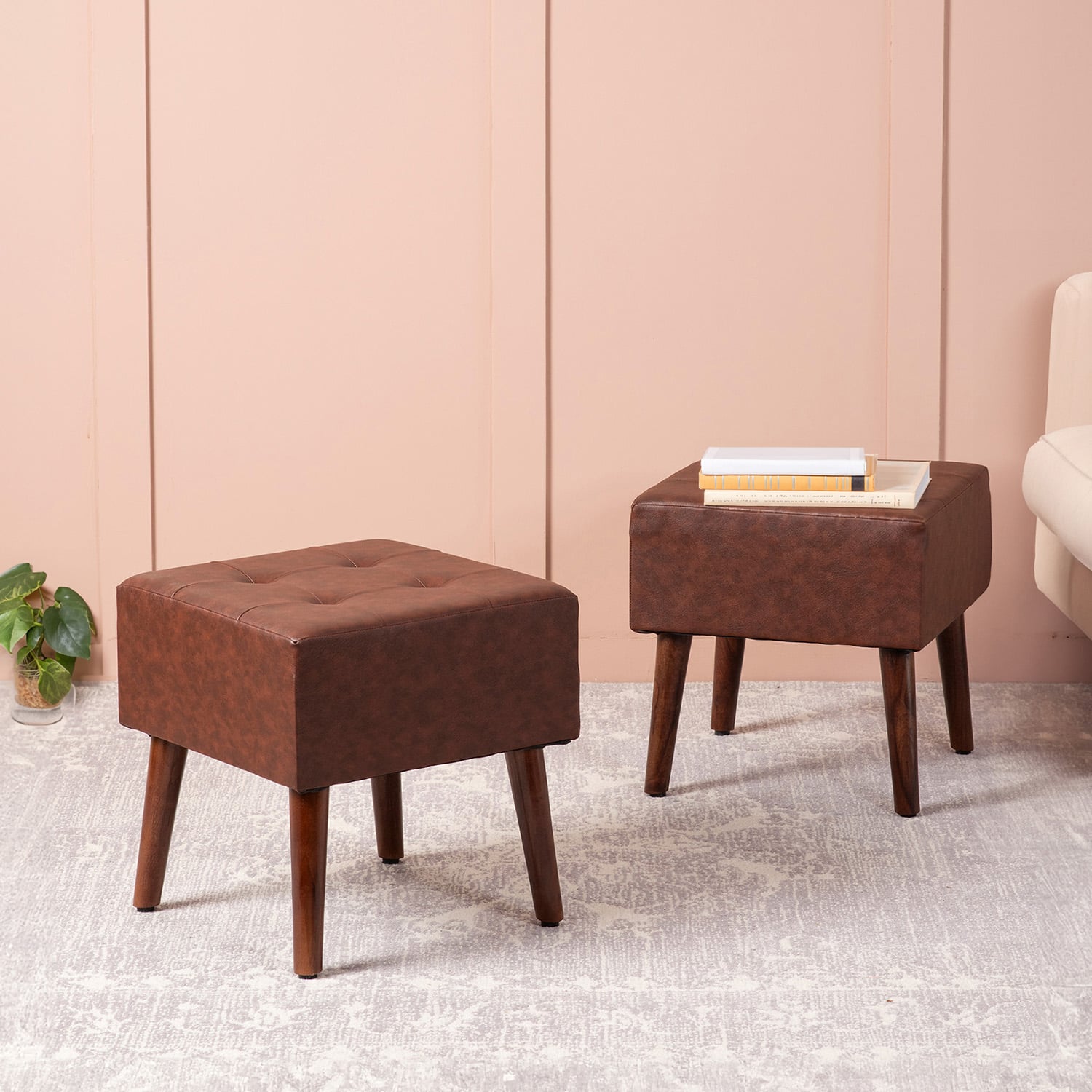 Axel Faux Leather Tufted Wooden Stool for living room Set of 2