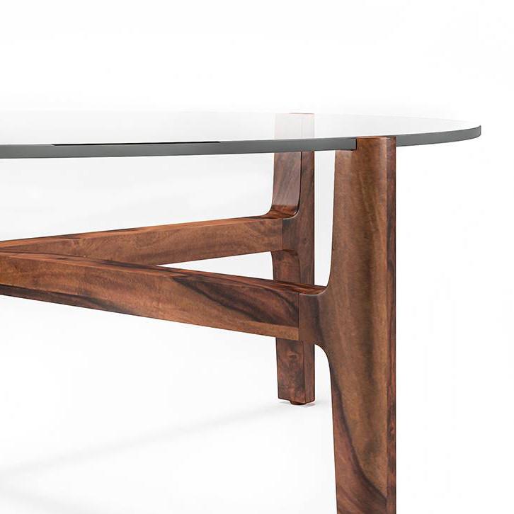 Cayman Round Sheesham Wood And Tempered Glass Coffee Table In Teak Finish