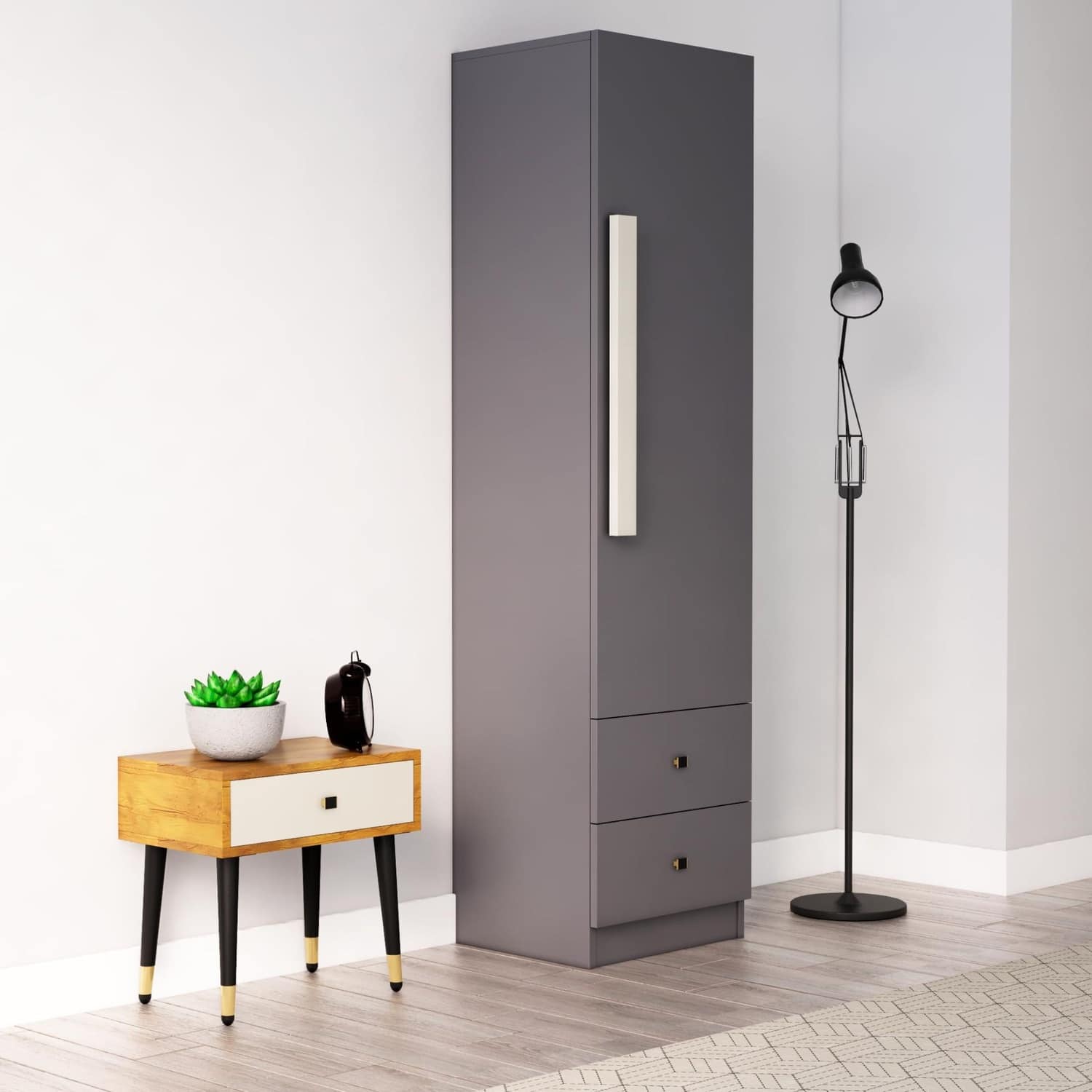 Hexa Red Wooden 1 Door Wardrobe with 2 Drawers and Hanging Space in Slate Grey Colour - HexaRed