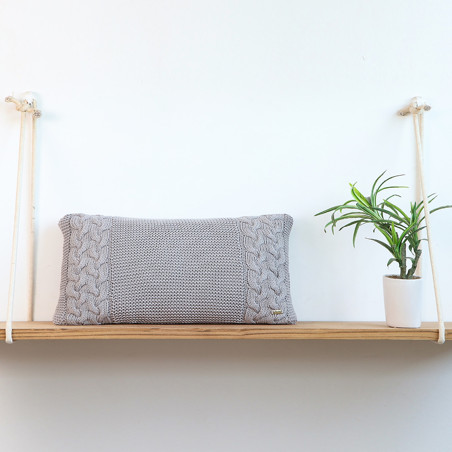 Archer Opal Grey Cotton Knitted Cushion Cover 12X20 Inches - Pluchi