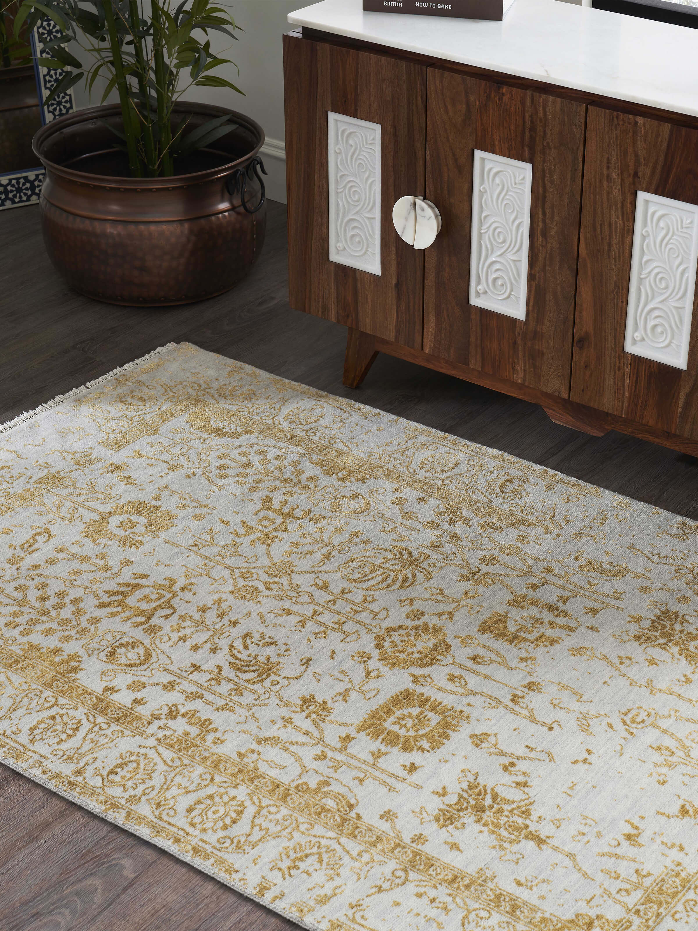 Close-up of Distressed Transitional Grey Gold Agra Wool & Viscose Hand-Knotted Rug, focusing on the detailed texture and pattern.