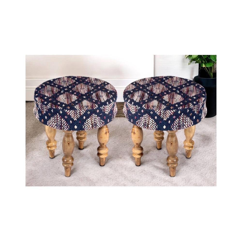 Roswell Sheesham Wood Parisian Round Set of 2 Stools in Blue Jacquard Work Fabric Upholstery