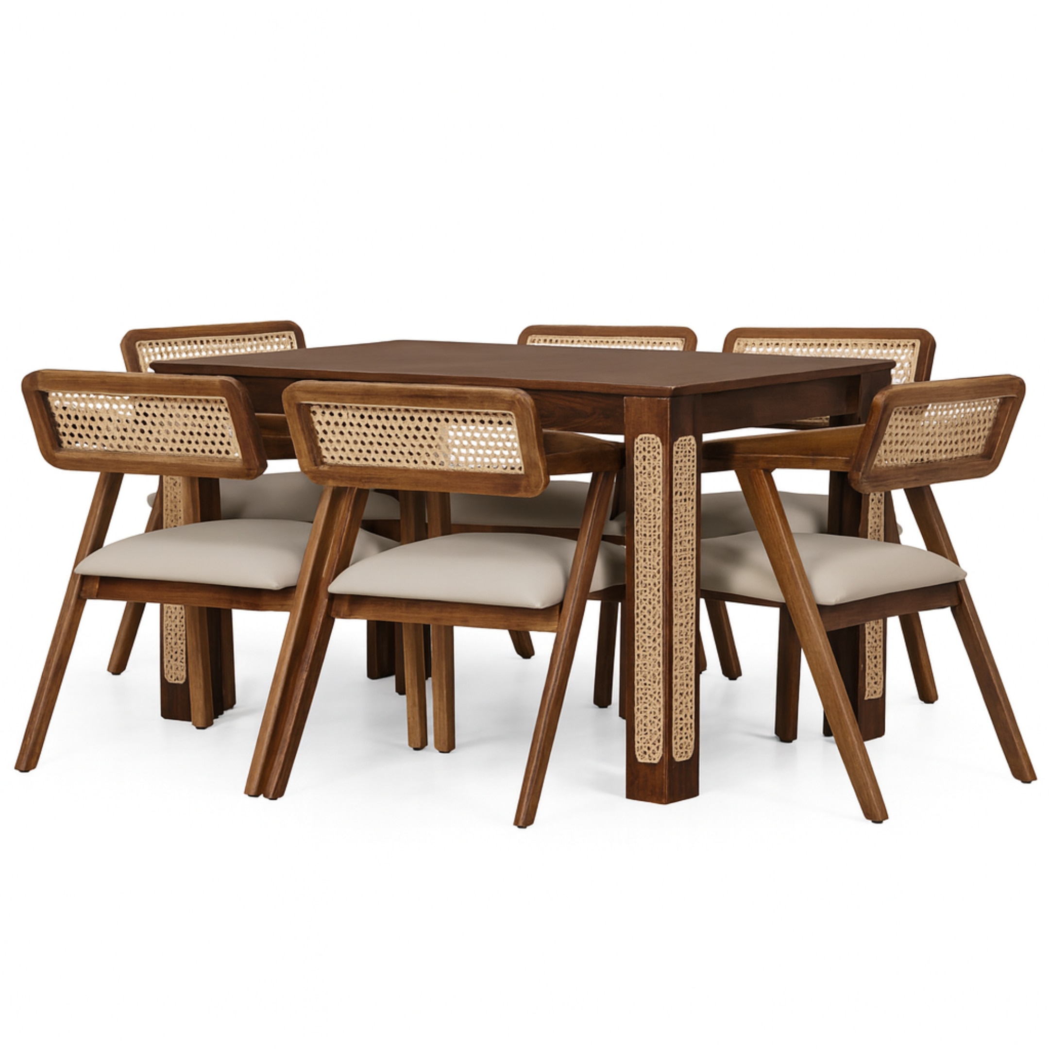 Globally Indian Sheesham Wood  6 Seater Dining Table Set With 6 Cushioned Cane Armchairs – Beige Color