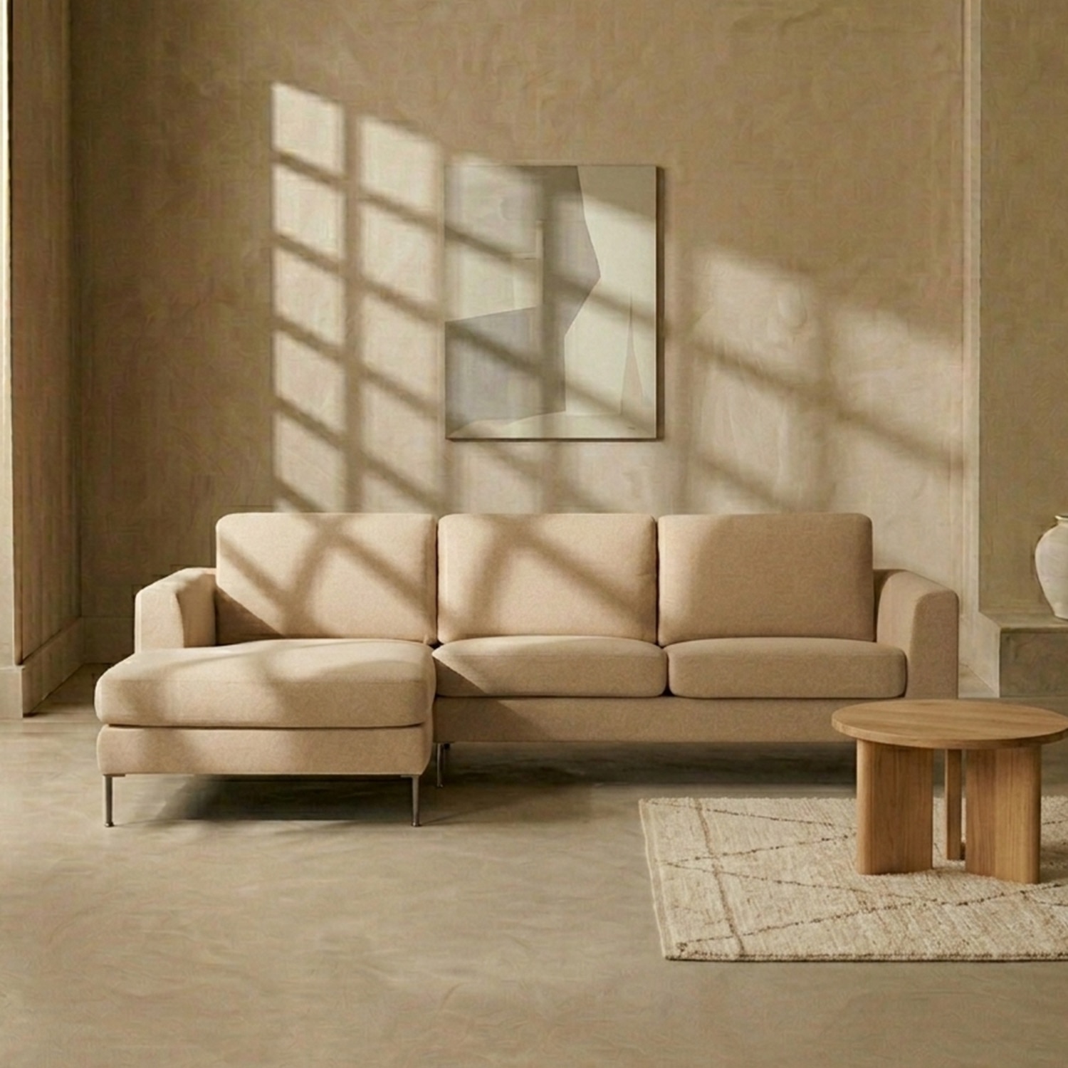 Modernelegance Wood Right Aligned 3-Seater With Upholstery Non Storage Sofa In Beige Colour - Nestroots