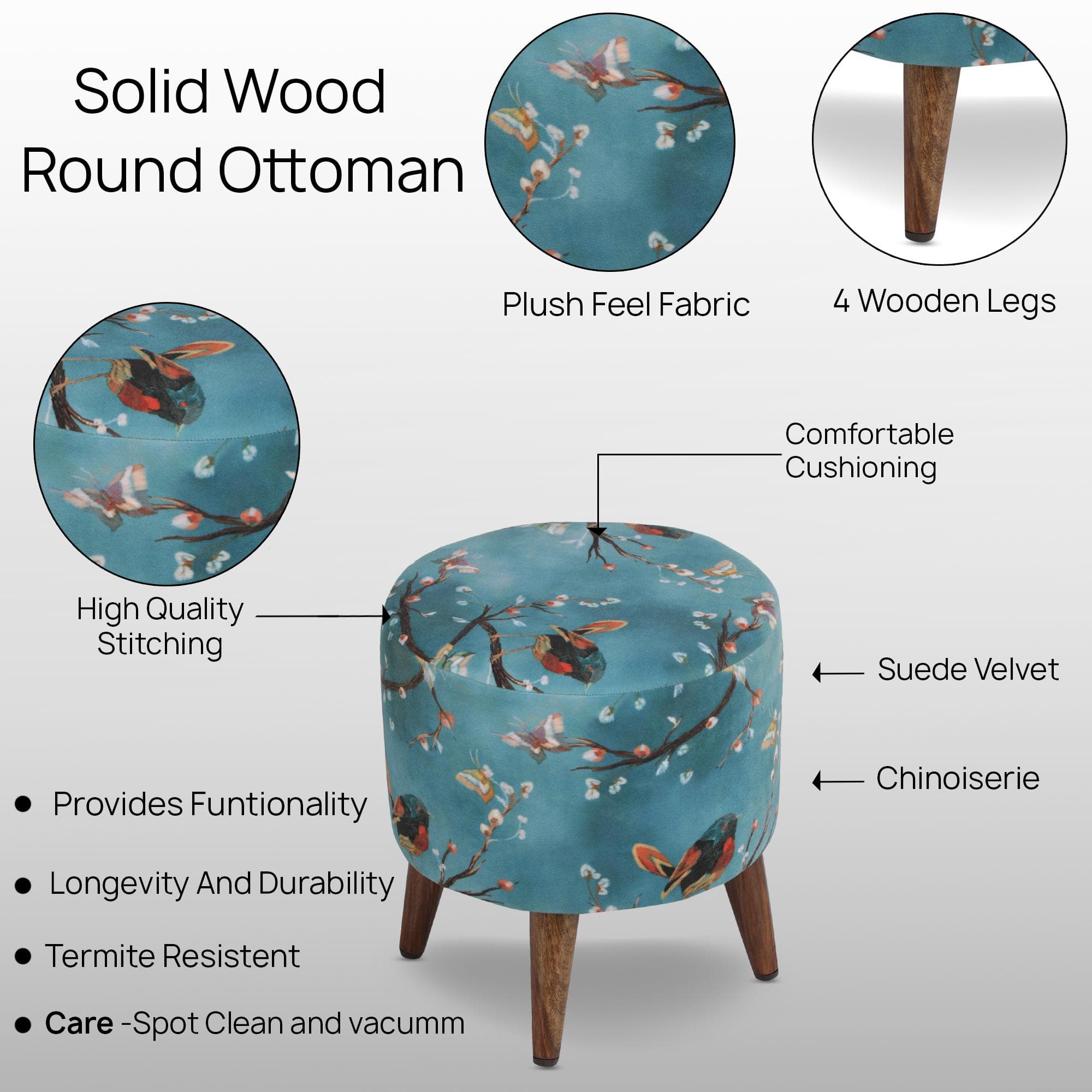 Aurora Solid Wood  Ottomon in  Blue Colour