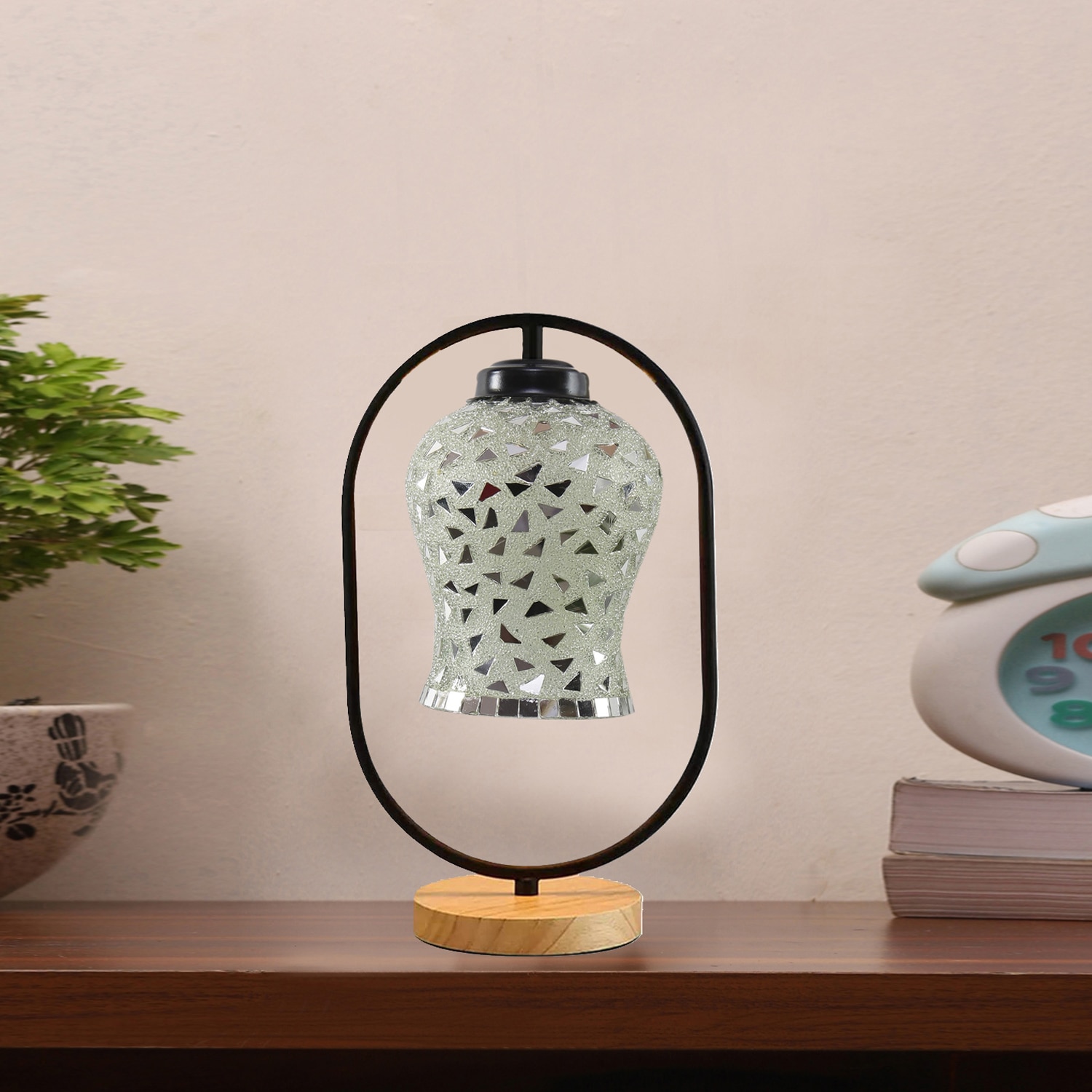 Devansh Multicolor Glass Wooden & Iron  Table Lamp -17 Inch Height  -Ag1