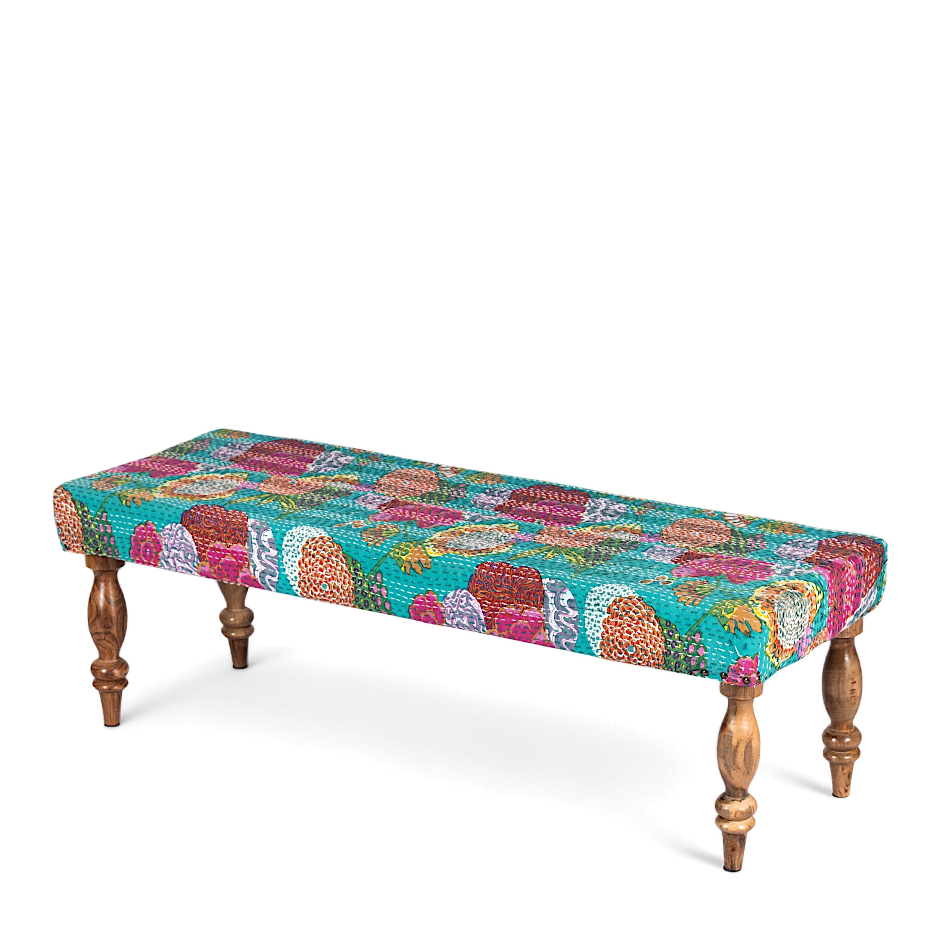 Cairo Solid Wood 2 Seater Bench In Floral Print Green Kantha Fabric