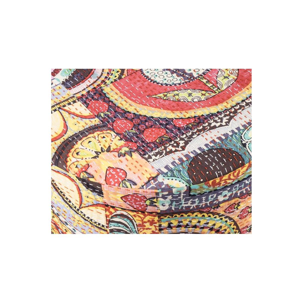 Collio Solid Wood Pouffee in Multicolour Patch Kantha Fabric