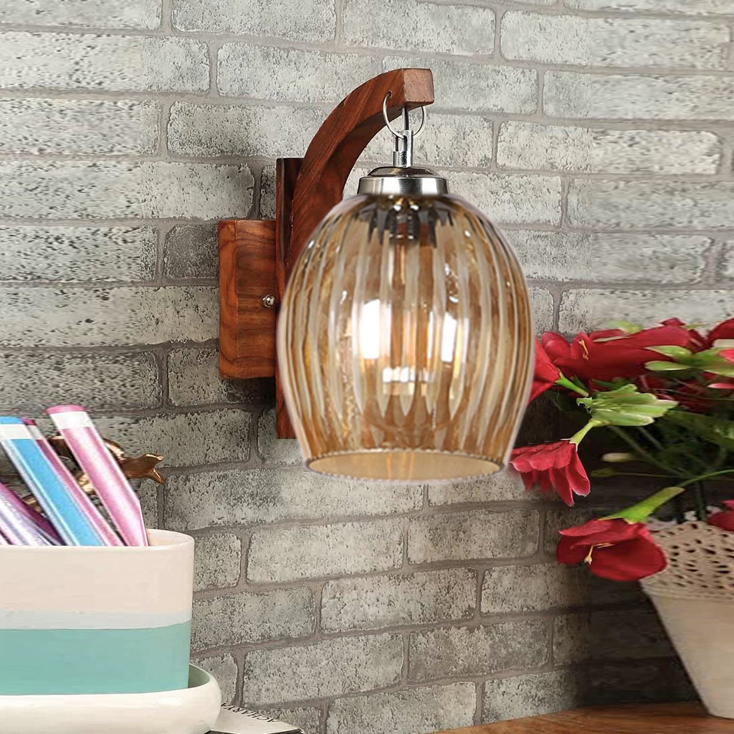Devansh Solid Wood Electric Wall Light in Brown Colour with Lavender Shade Count of 1 Light