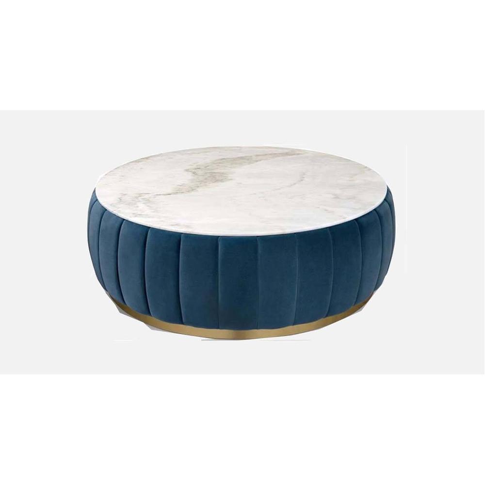 Brit Round Upholstered Coffee Table With Ms Base In Gold Colour & White Stone Top