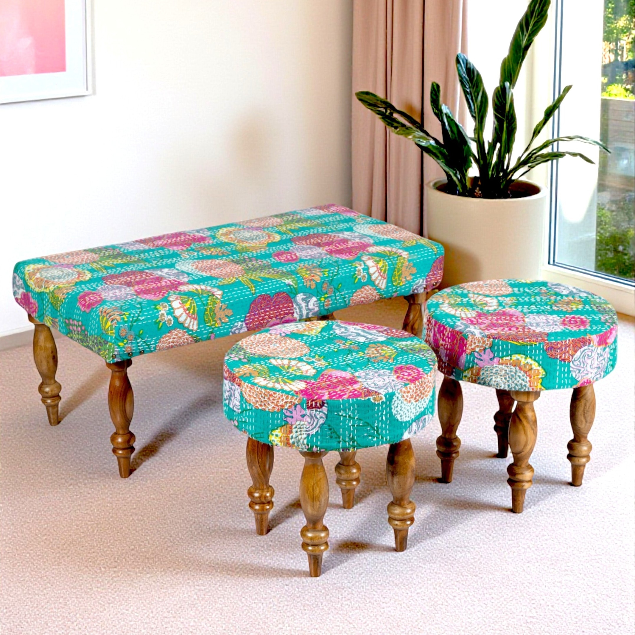 Bestone Sheesham Wood Mid Century 3+1+1 Seater Bench Set With 2 Stools In Sea Green Fruit Print Kantha - Ikiriya
