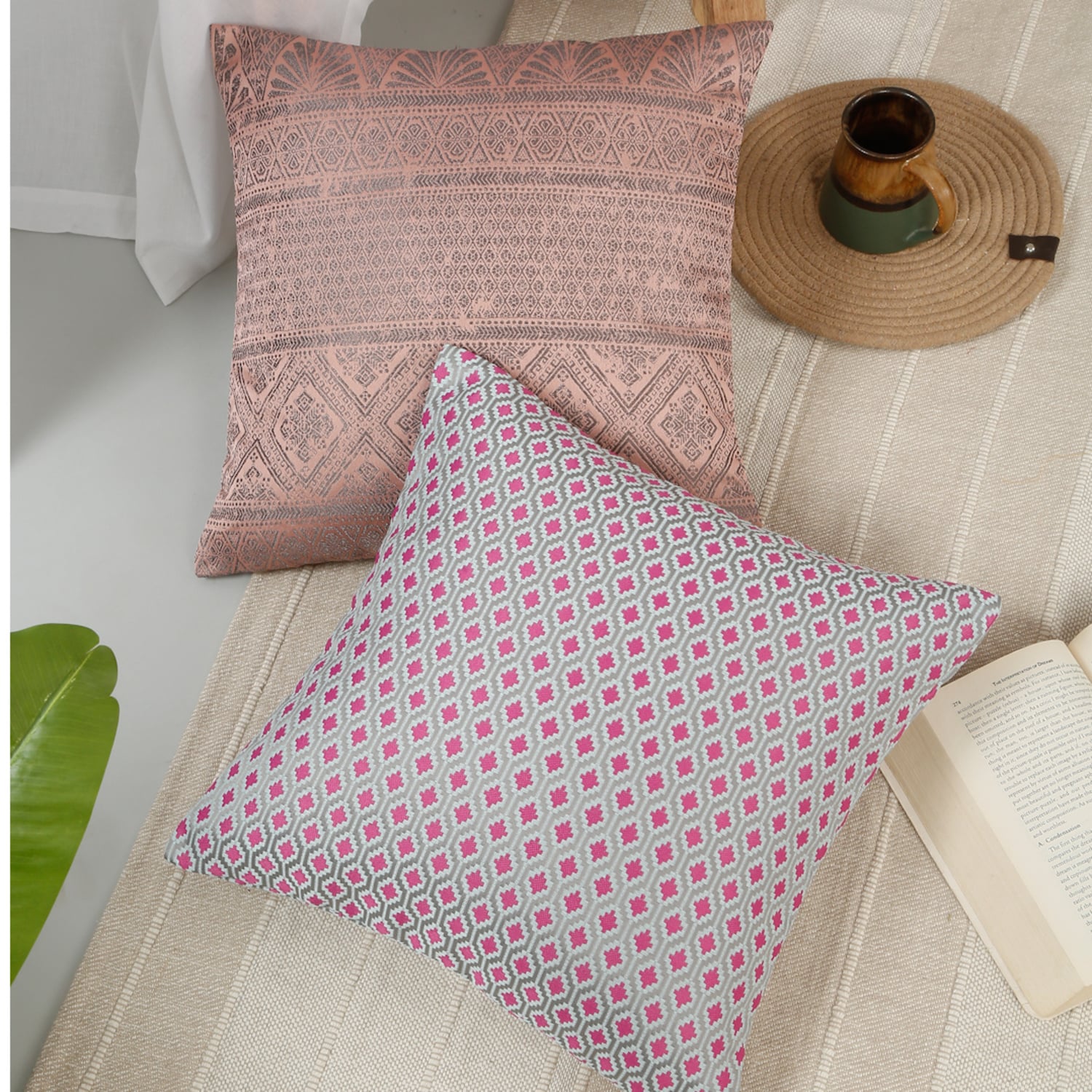 Set Of 2 Jacquard Square Cushion Covers - Rosarahome