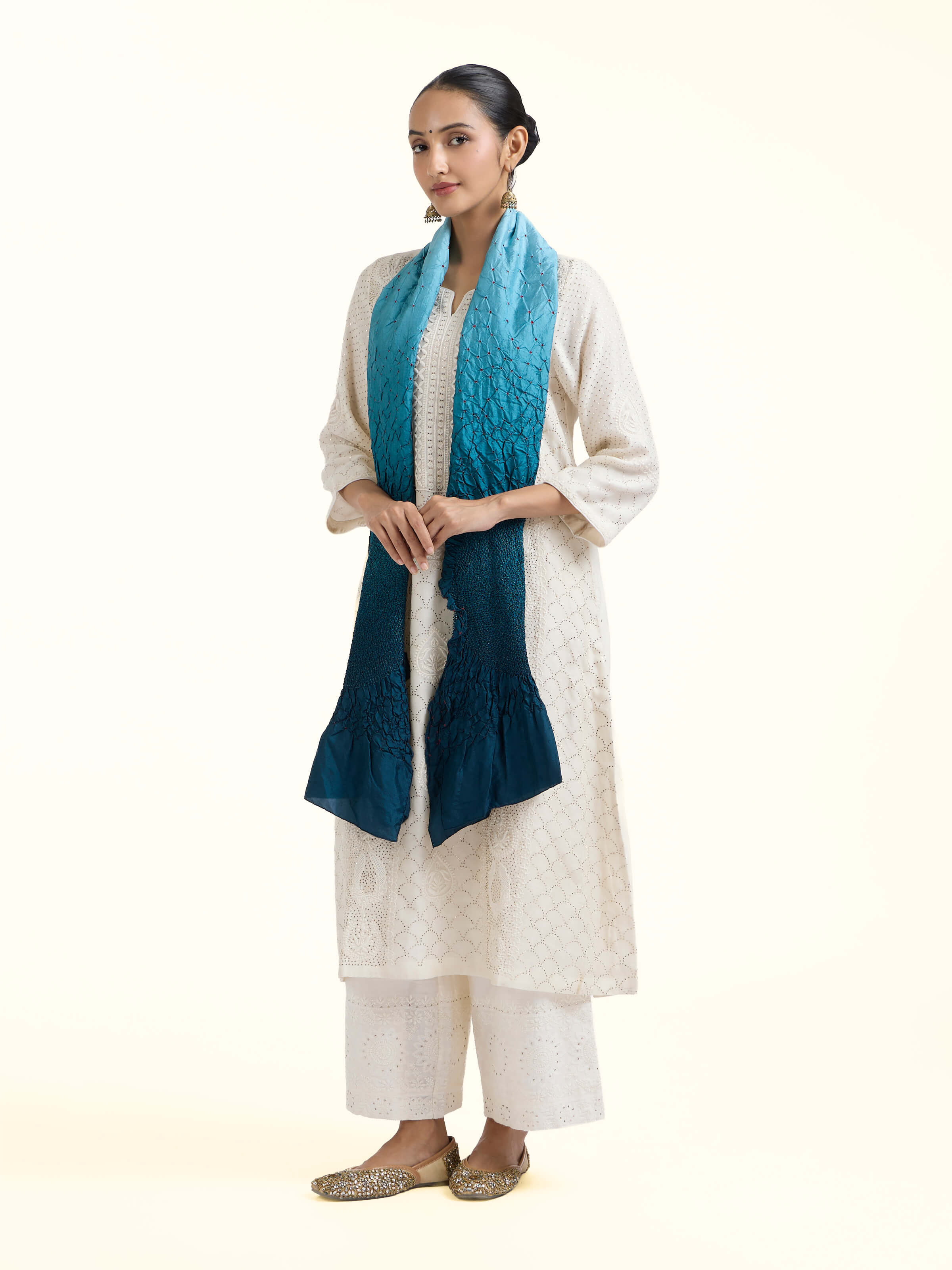 Side view of Teal Bandhani Tie & Dye Silk Stole highlighting the detailed craftsmanship and elegant silhouette