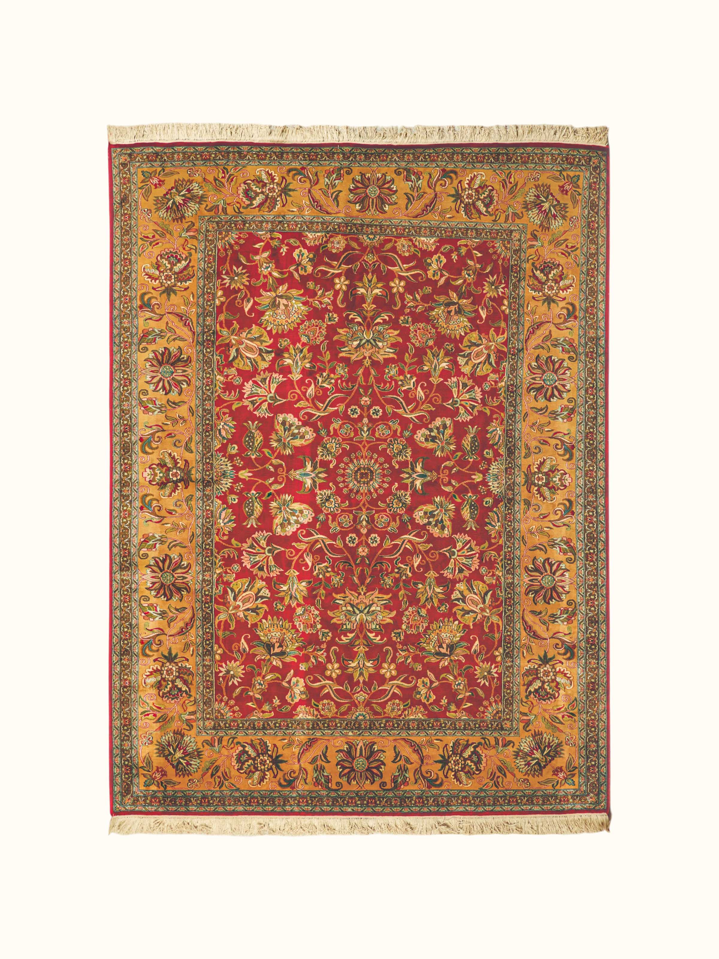 Traditional Persian Red Gold Kashan Kashmir Silk Hand-Knotted Carpet