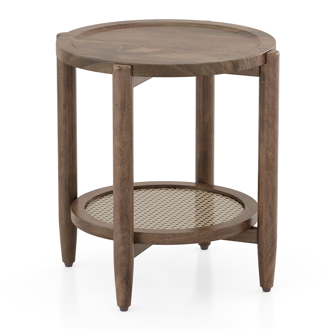 Tora Solid Wood and Cane with Glass Side Table In Danish Walnut Finish