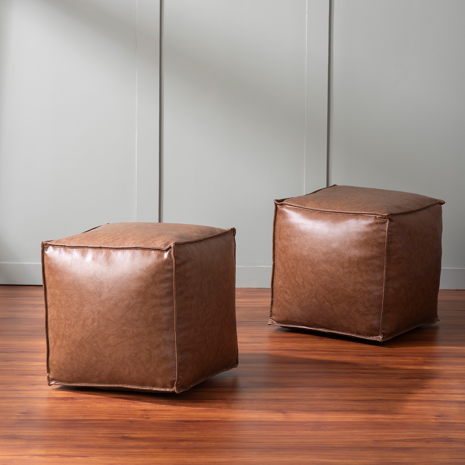 Cube Collection Brown Faux Leather Pouf Ottoman Set Of 2 - Nestroots