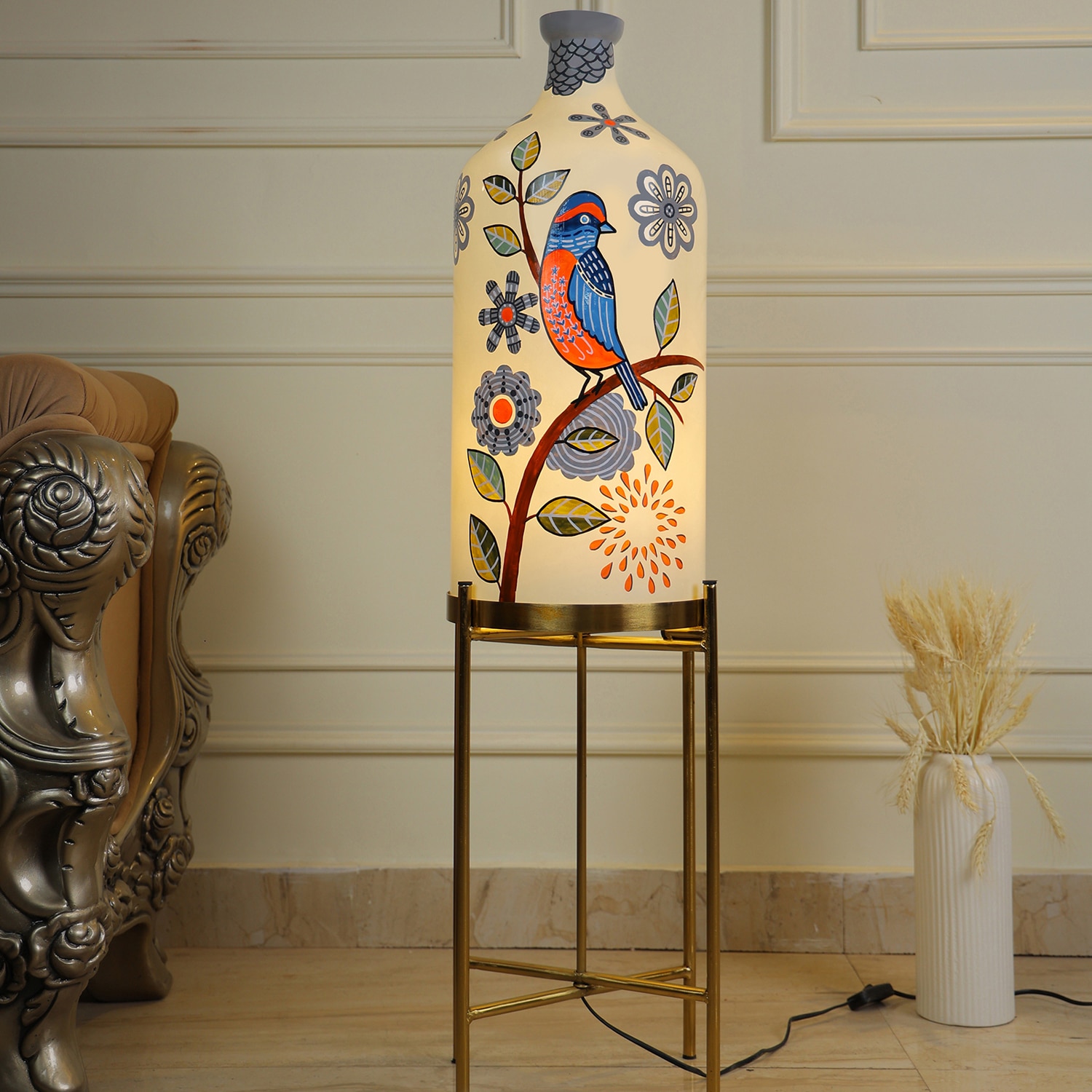 Feather Beauty Glass Shade Electric Table Lamp with Metal Base in White Colour - Posh N Plush