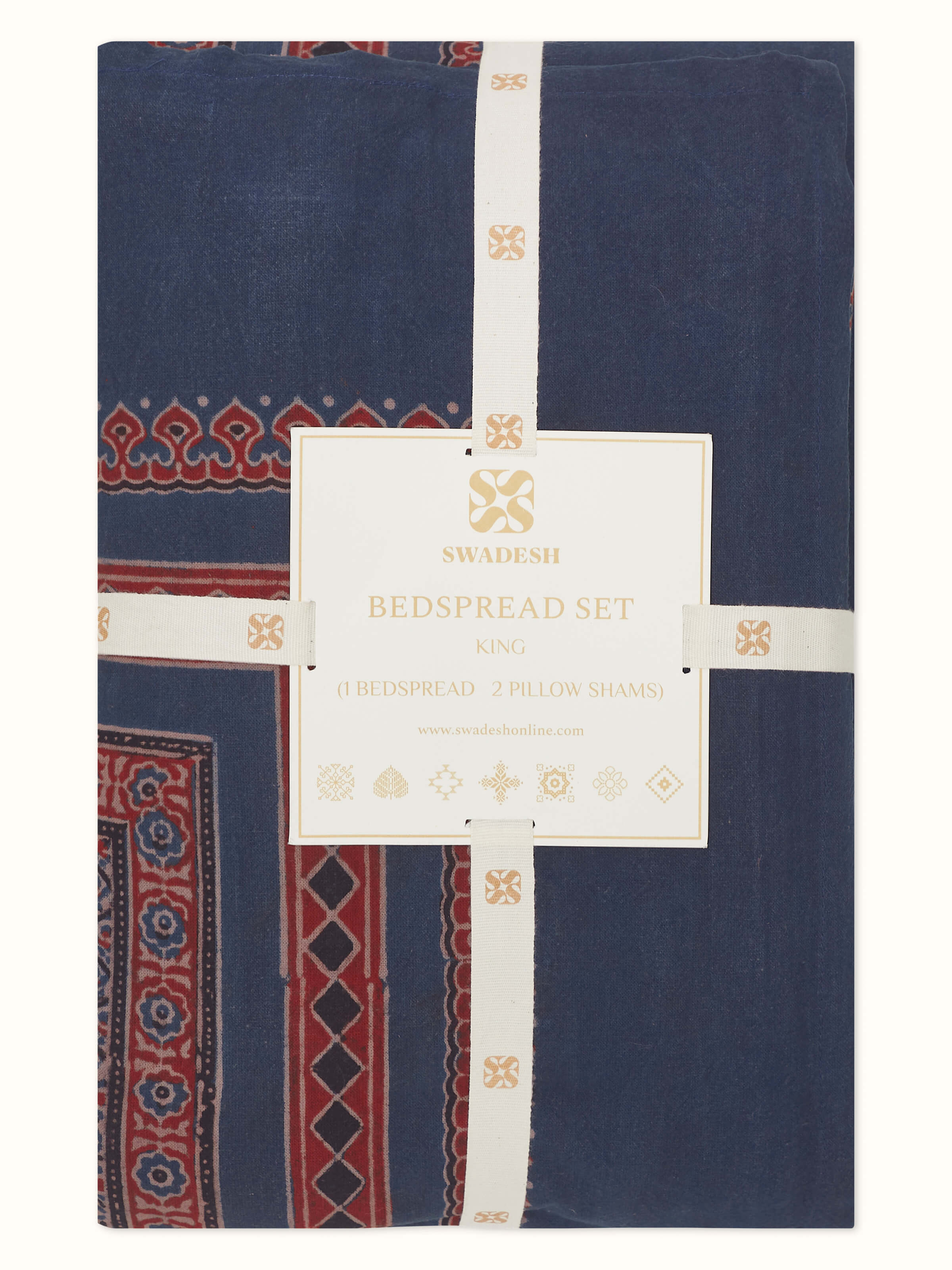 Full view of Sindh blue jaal cotton ajrakh block printed king bedspread set laid out, demonstrating the overall design and size