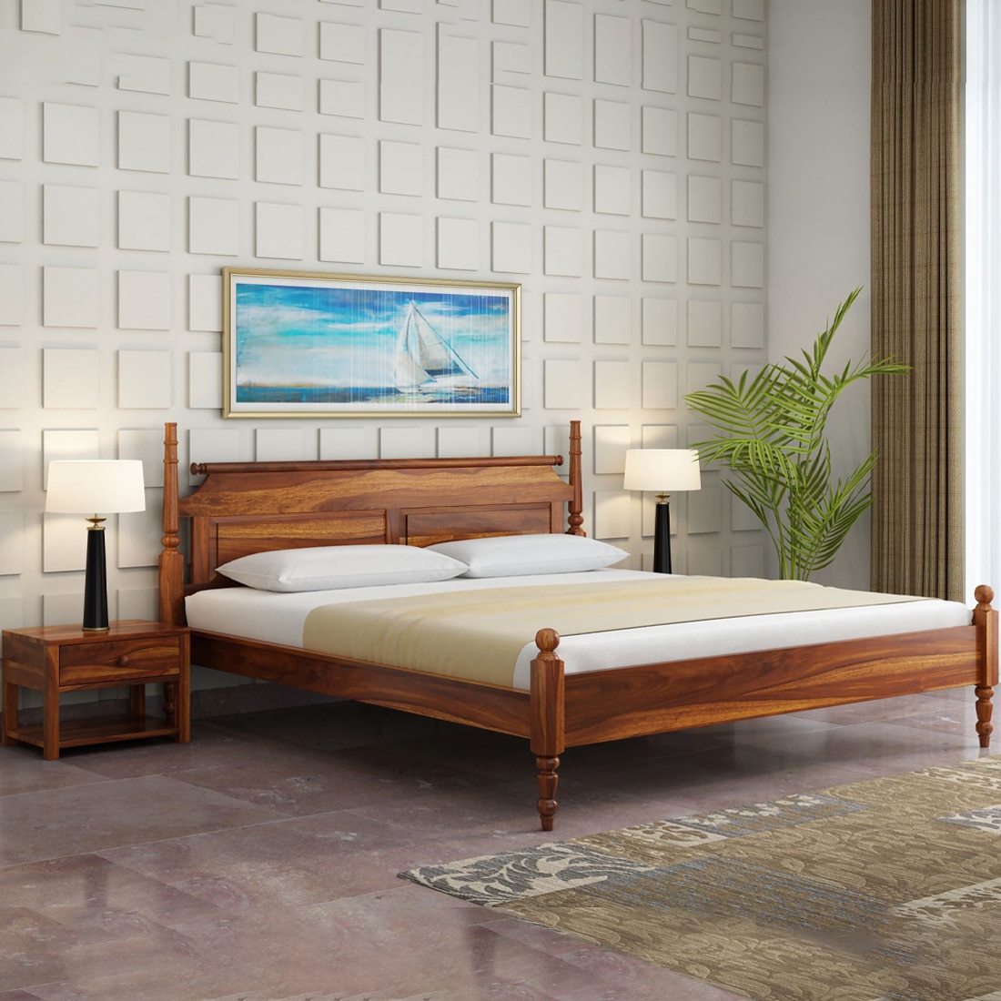 Bala Solid Wood Queen  Size Bed Without Storage (Teak Finish) - Woodenmood
