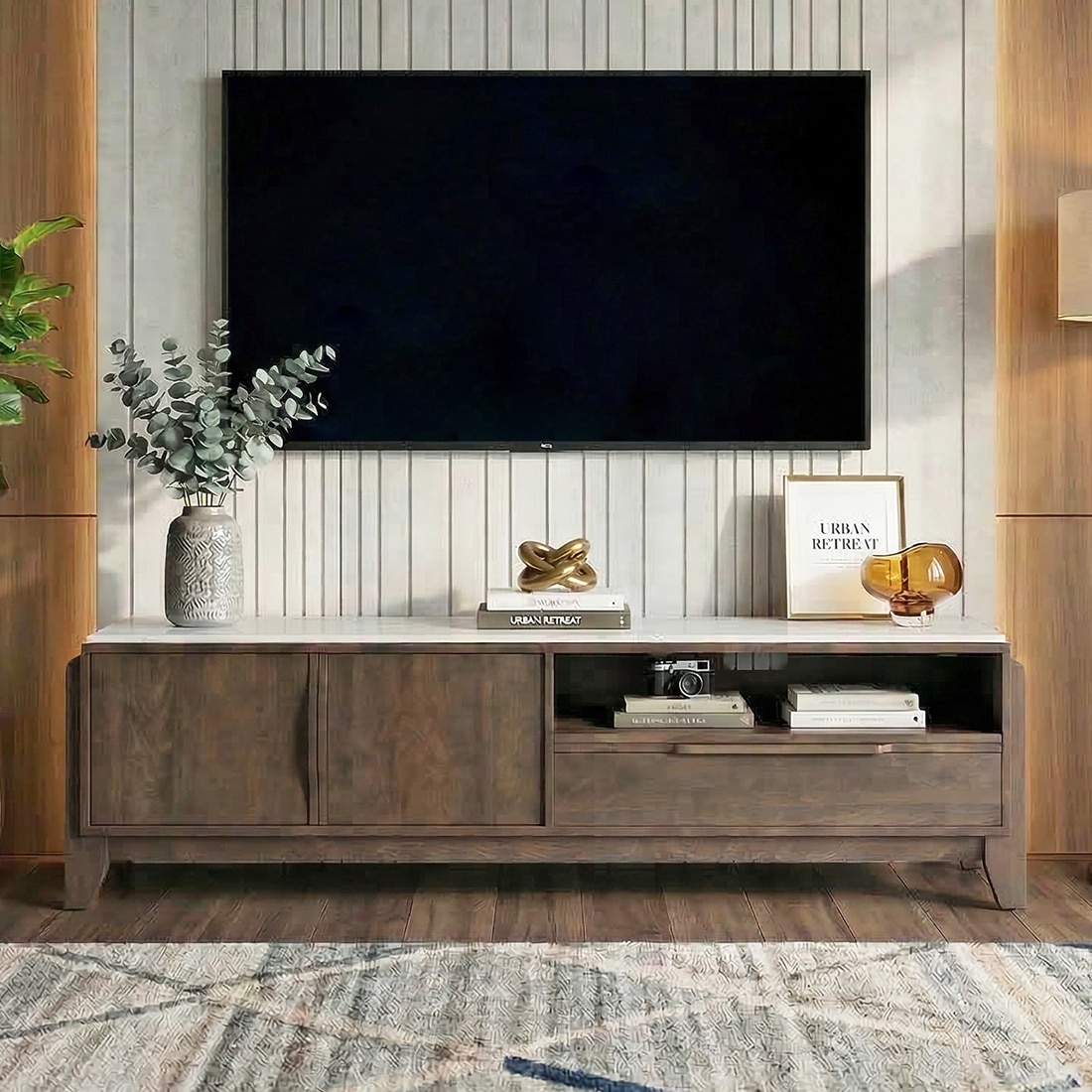 Lunar Solid Wood and Carrara White Marble TV Unit in Danish Walnut Finish-image-2