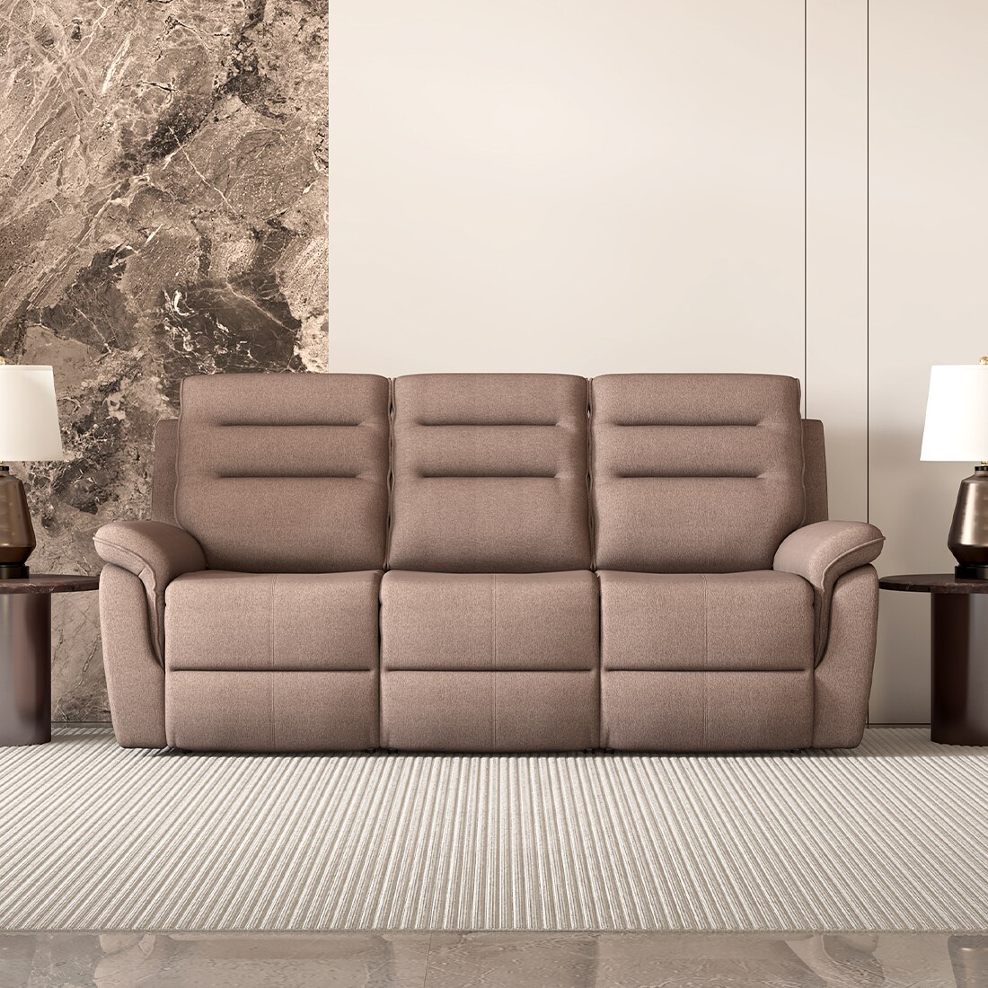 Silvana Three Seater Motorized Fabric Recliner in Taupe Beige Colour