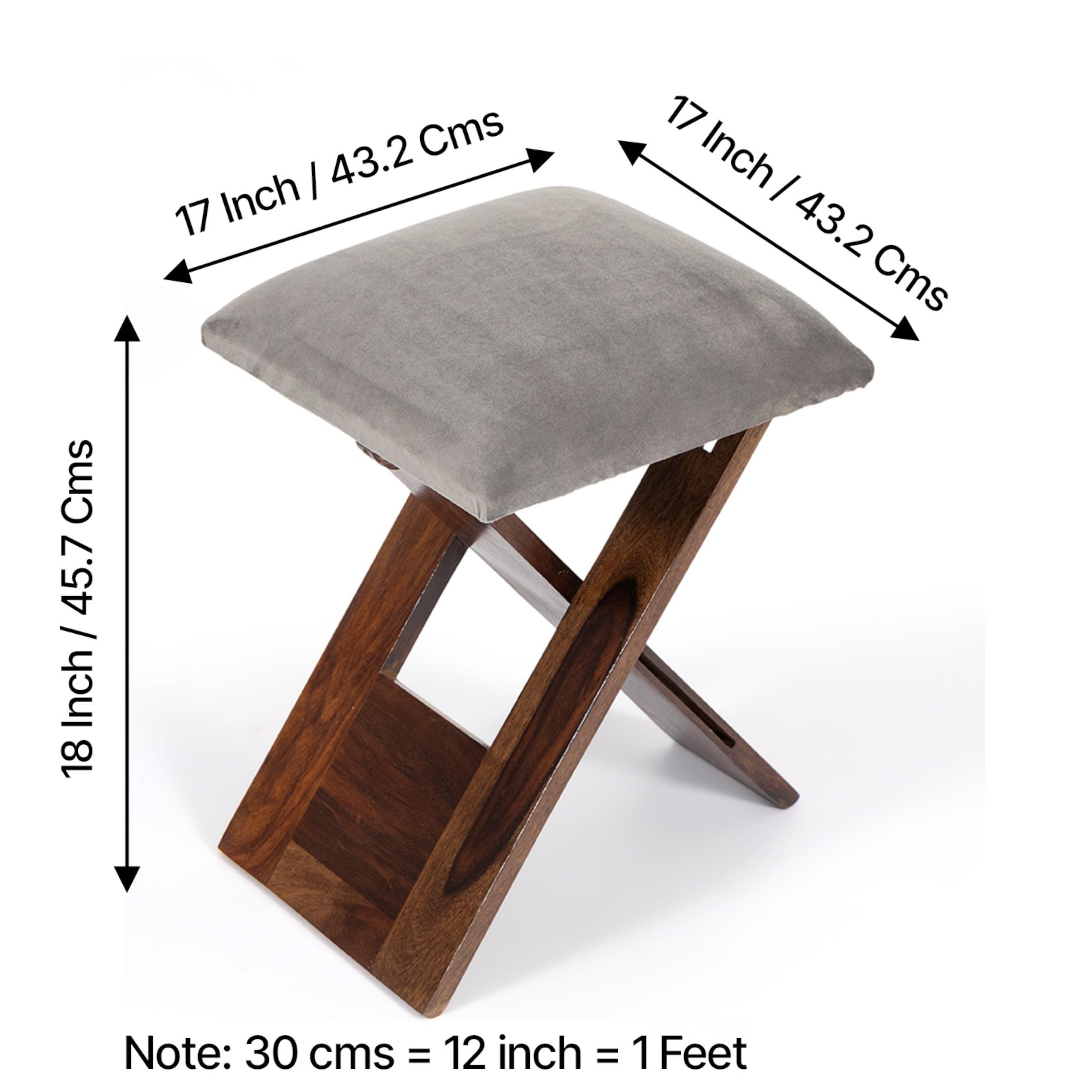 Dayton Sheesham Wood Accent Square Set of 2   Stools in Grey Cotton Velvet Upholstery