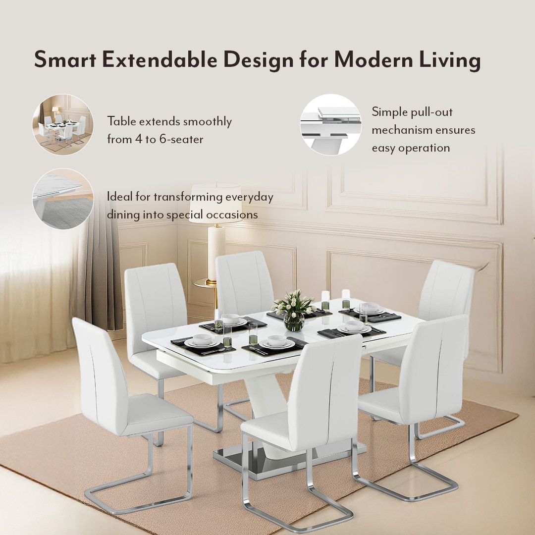 Caribu 4 To 6 Extendable Dining Table In White Marble Color With High Gloss Finish