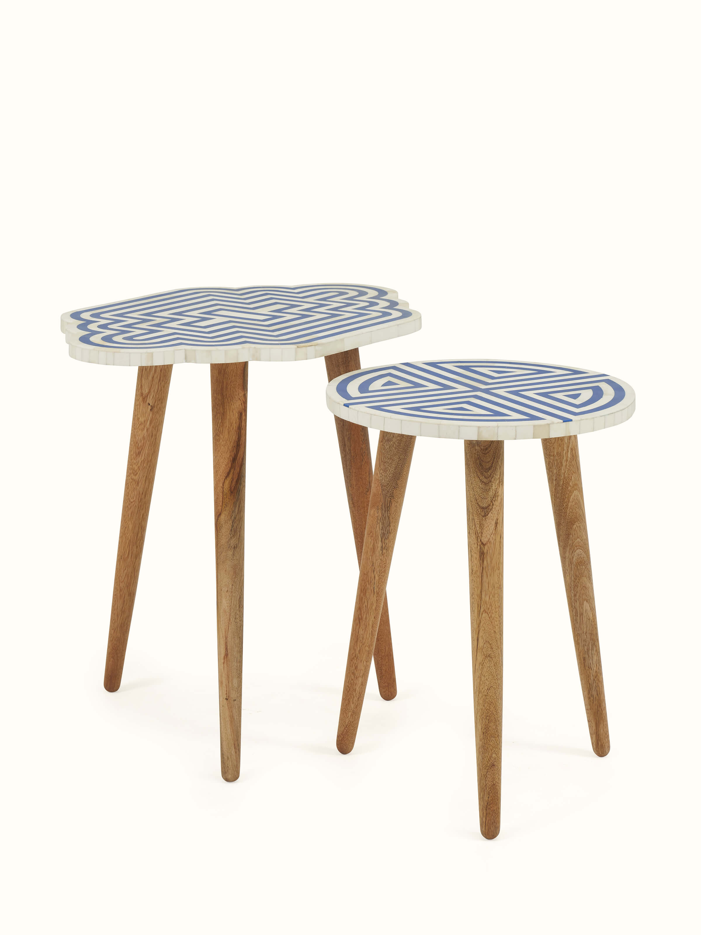 Angled view of Blue Acacia Wood Bone Inlay Nesting Tables (2 Pcs) featuring intricate bone inlay designs and stylish wood finishes.