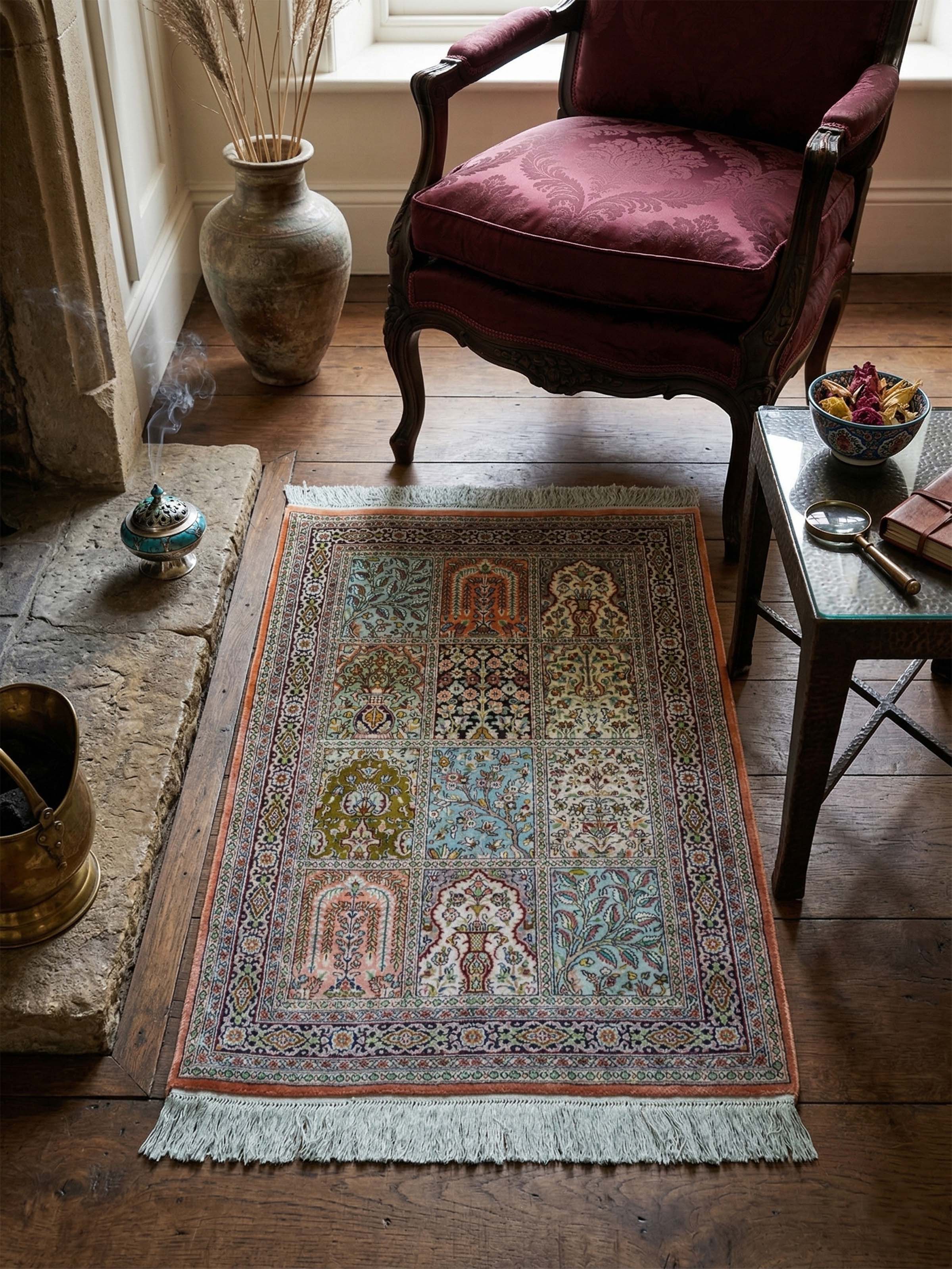Traditional Persian Rust Hamadan Kashmir Silk Hand-Knotted Carpet